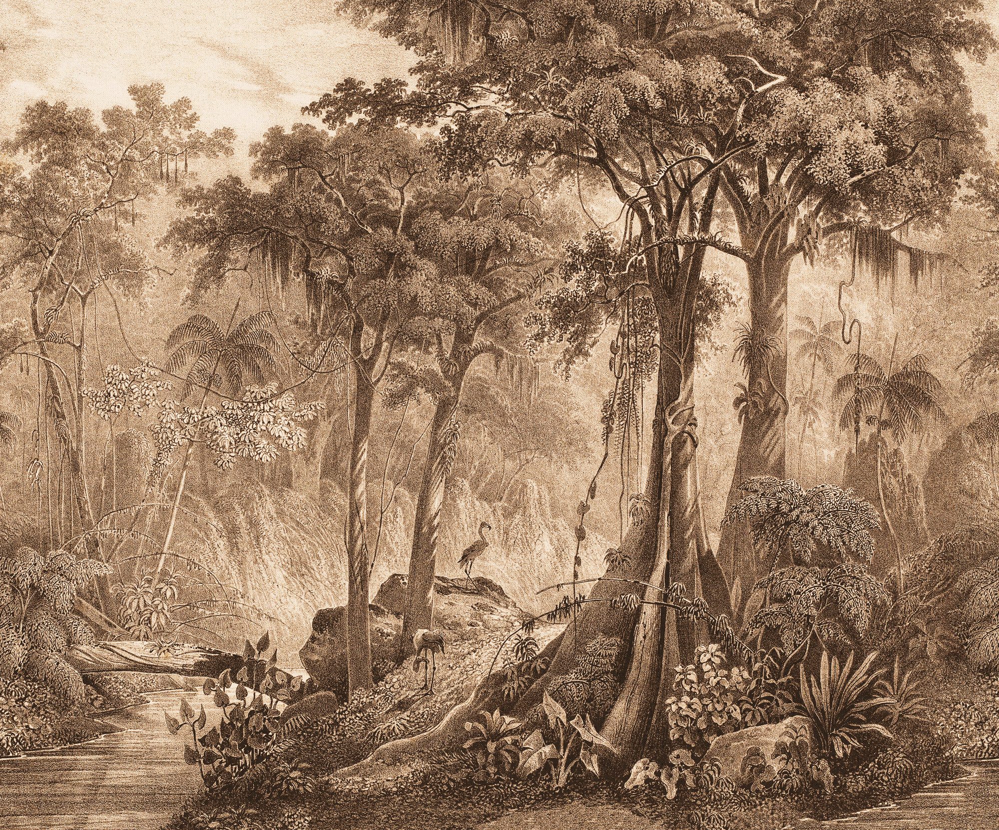 Rasch Fototapete Dschungellandschaft im Toile-de-Jouy-Stil in Beige, glatt, tropisch, botanisch, (1 St), 265 cm x 318 cm