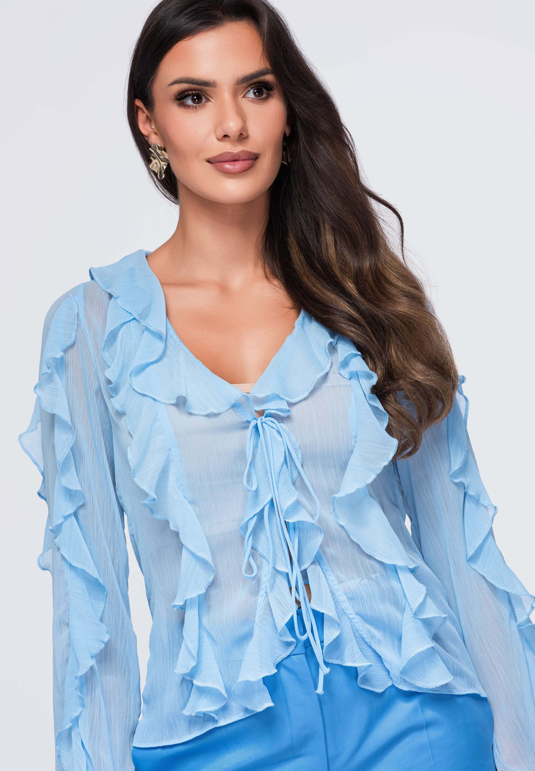 OMBRE Hemdbluse Damen Bluse mit V-Ausschnitt und Rüschen Blau L (kein Set, 1-tlg) Volantkragen