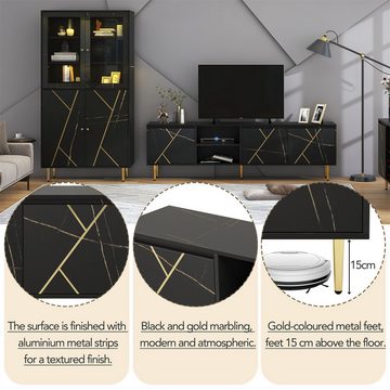 autolock TV-Schrank Wohnzimmermöbelset,TV-Schrank,Vitrine und Beistelltisch mit Weinkühler,schwarz-goldenes Farbschema,moderner Stil