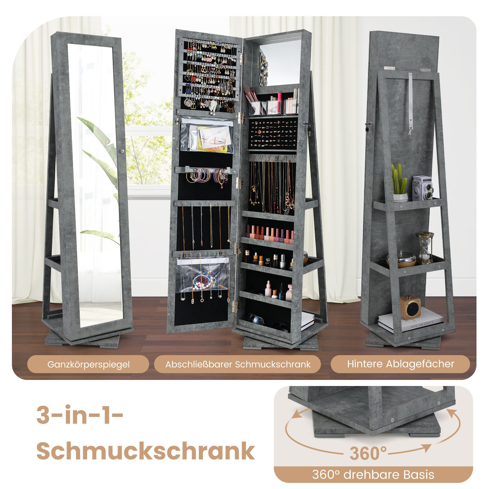 COSTWAY Schmuckschrank stehend, mit Spiegel & Regal, drehbar, abschließbar