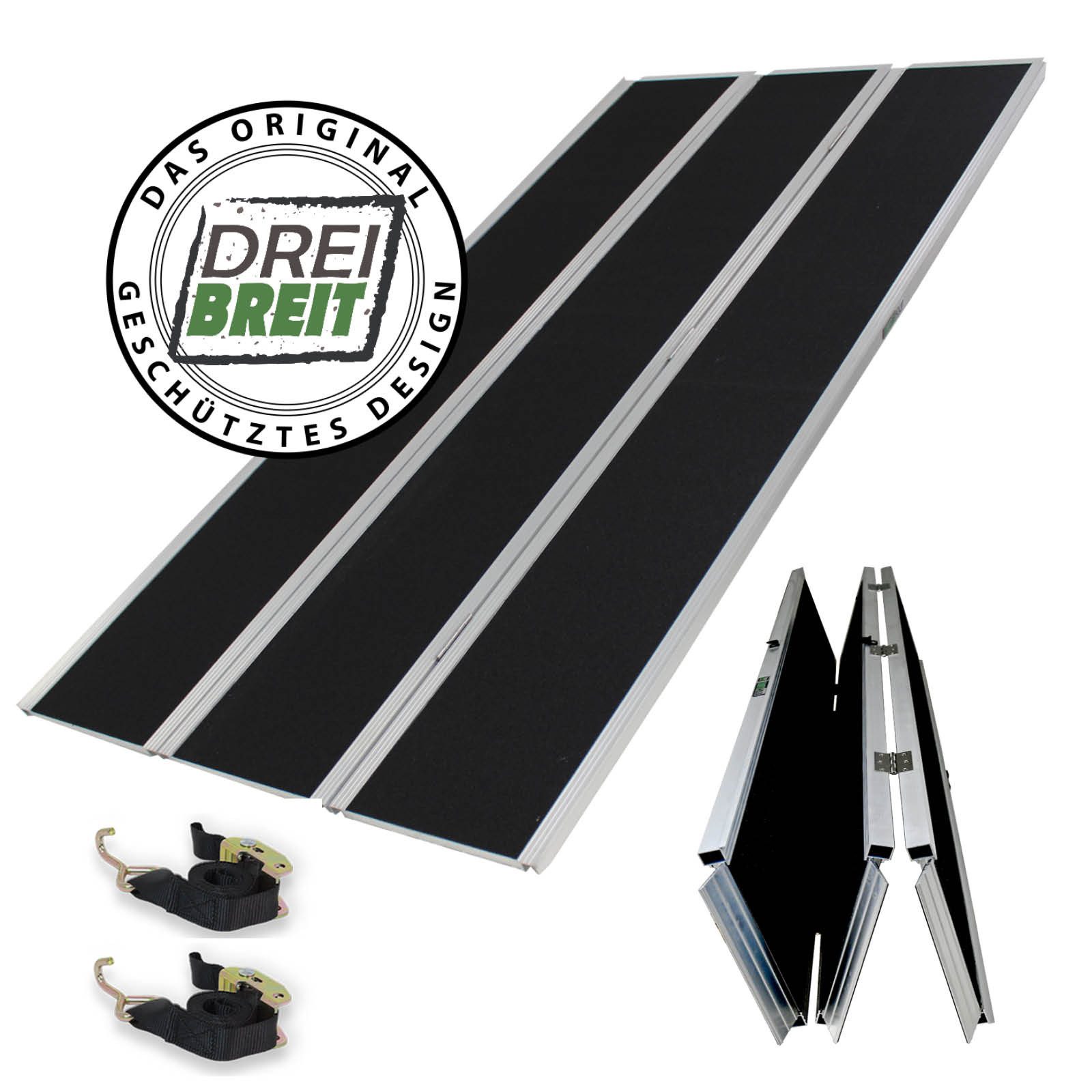 TRUTZHOLM Auffahrrampe 3-fach DREIBREIT klappbar 215cm 1020kg Alu beschichtet grau schwarz (Stück, 1-St., Inkl. 2x Spanngurt), Friktionsbeschichtet