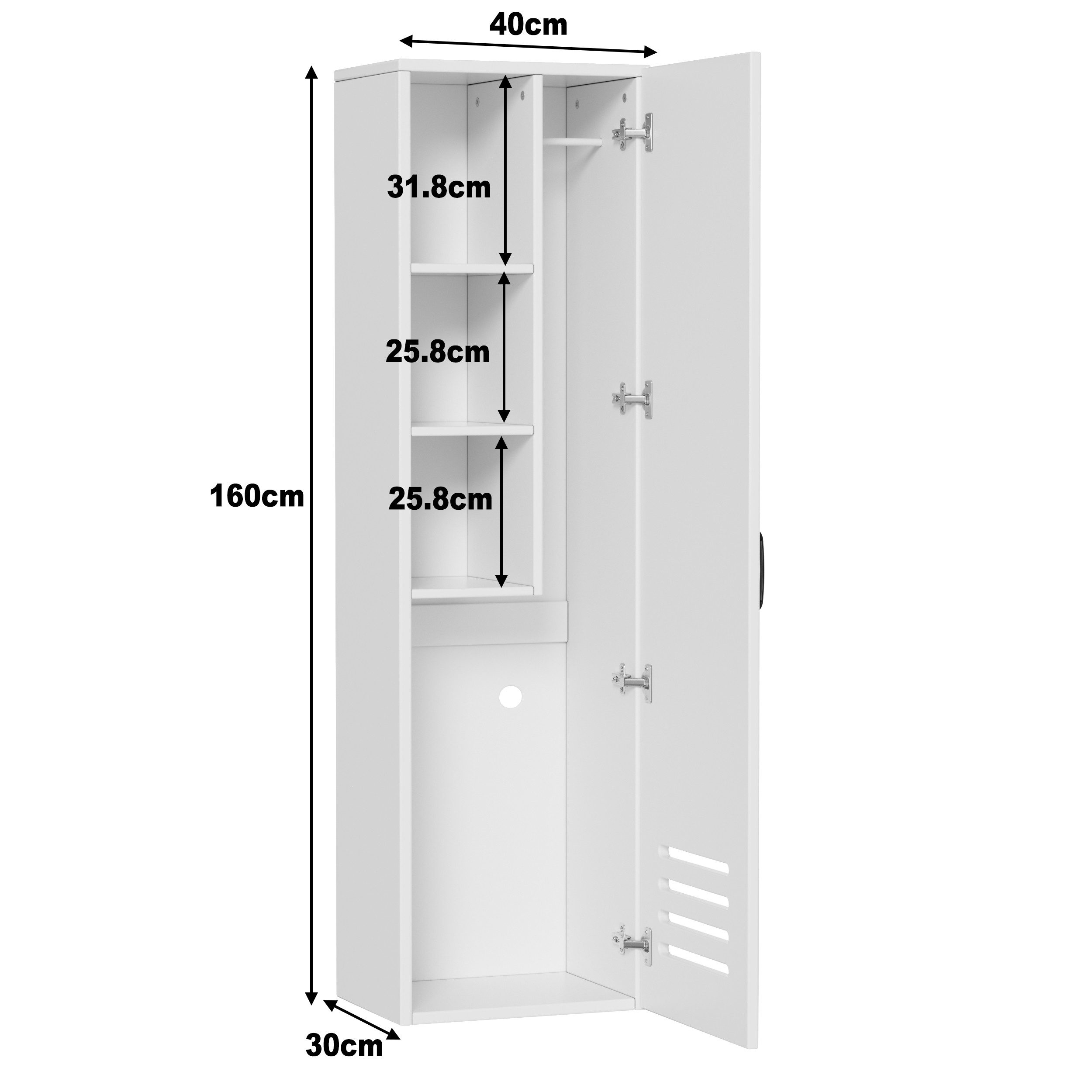 PEALOV Hochschrank Schmaler Badezimmerschrank mit Fächern für Bad und Hauswirtschaftsraum (1-St) Weißer Nischenschrank 40x30x160 cm mit Kabeldurchführung – Bild 2 von 5