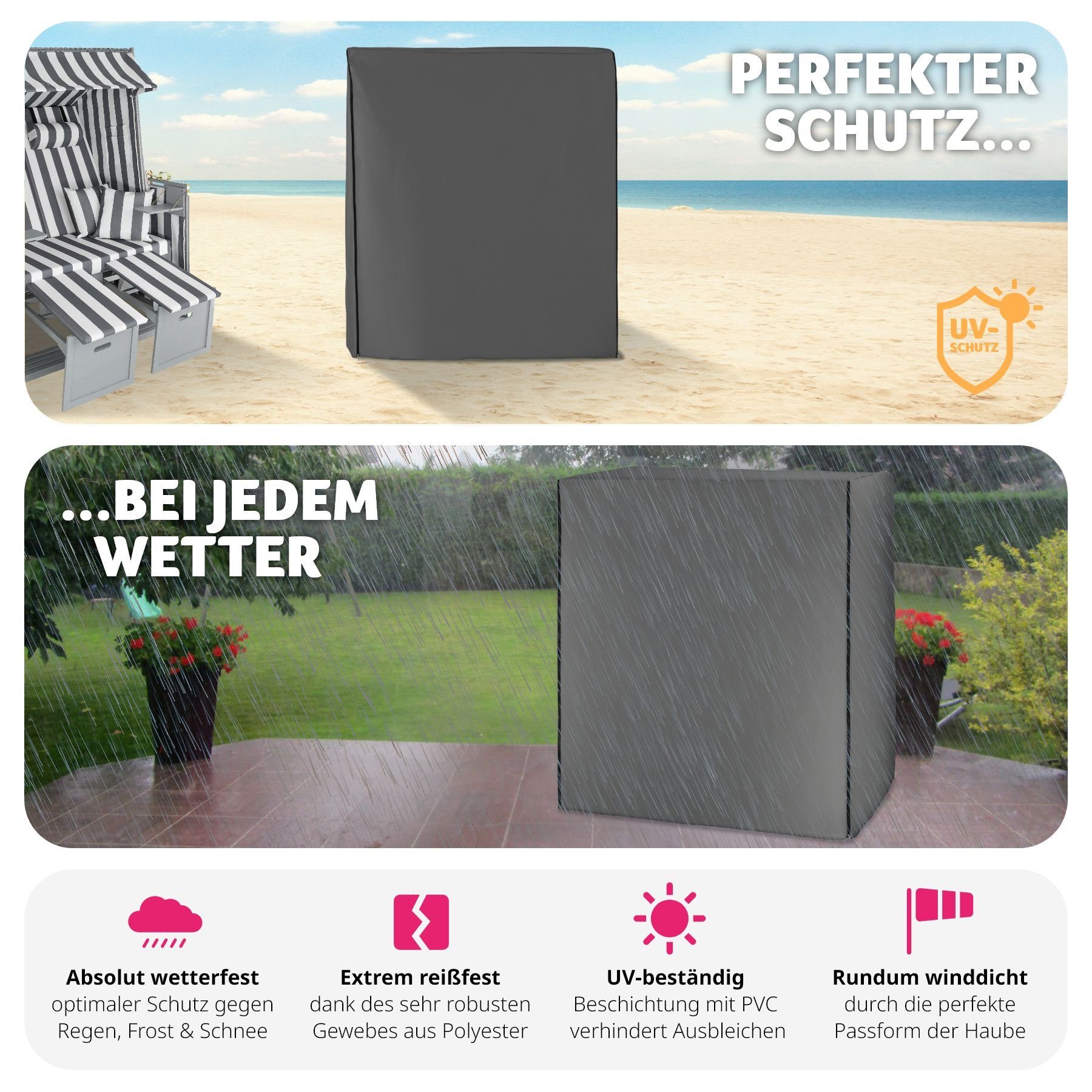 tectake Gartenmöbel-Schutzhülle Strandkorbhülle, Maße: 120 x 80 x 145 cm, mit 2 Reißverschlüssen (Outdoor-Abdeckhaube, in grau), Wasserabweisend, winddicht, reißfest, UV-beständig, pflegeleicht