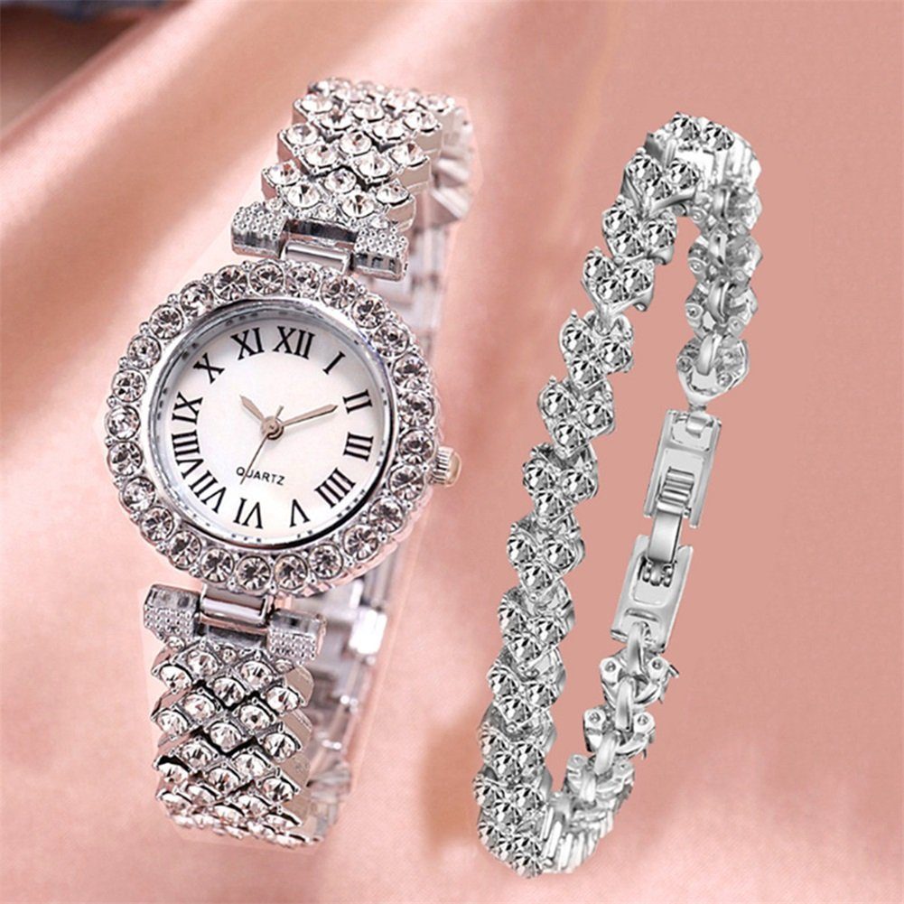 einem Für Armband, Rutaqian Golden mit Geschenke Schmuckarmband), Quarzuhr Uhr (set, Armbanduhr Damen Frauen, mit Set Strasssteine mit Strassarmband Quarzuhr