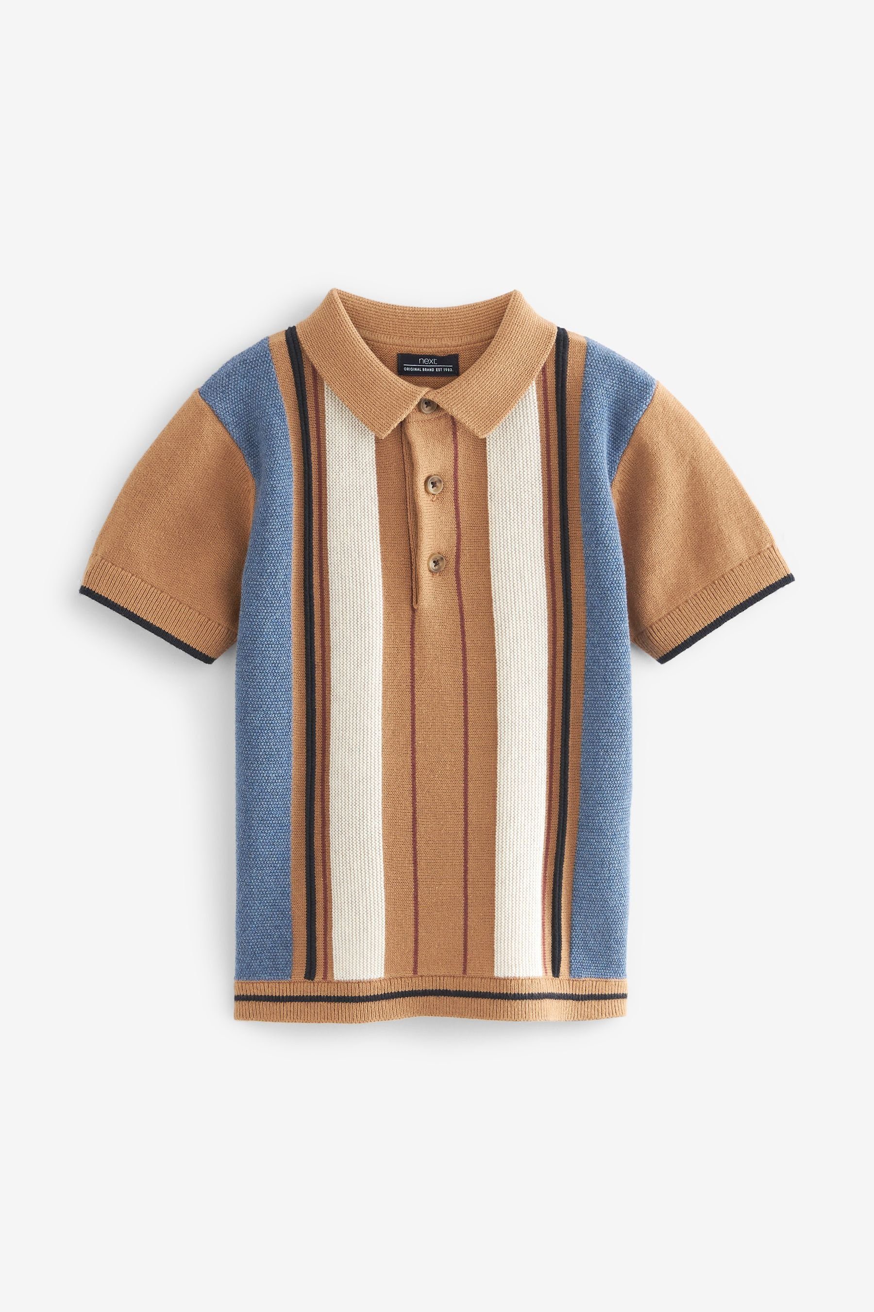 Next Poloshirt Kurzärmeliges, quergemustertes Strickpoloshirt (1-tlg) Brown/Navy Blue