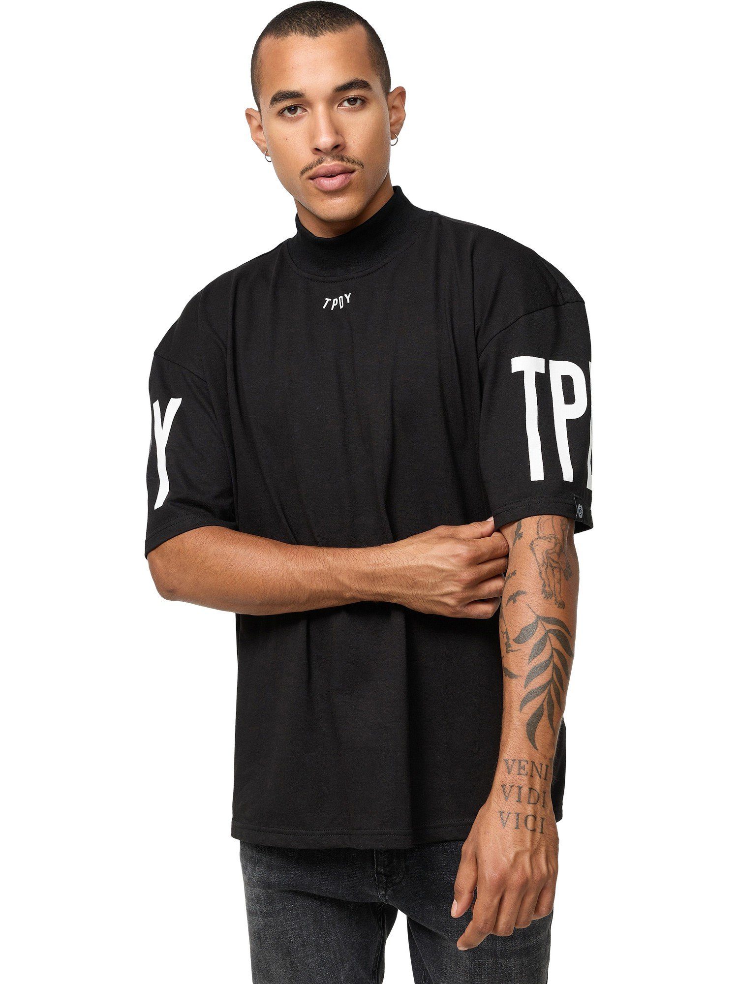 trueprodigy Oversize-Shirt Marlo Logoprint Stehkragen dicker Stoff Black