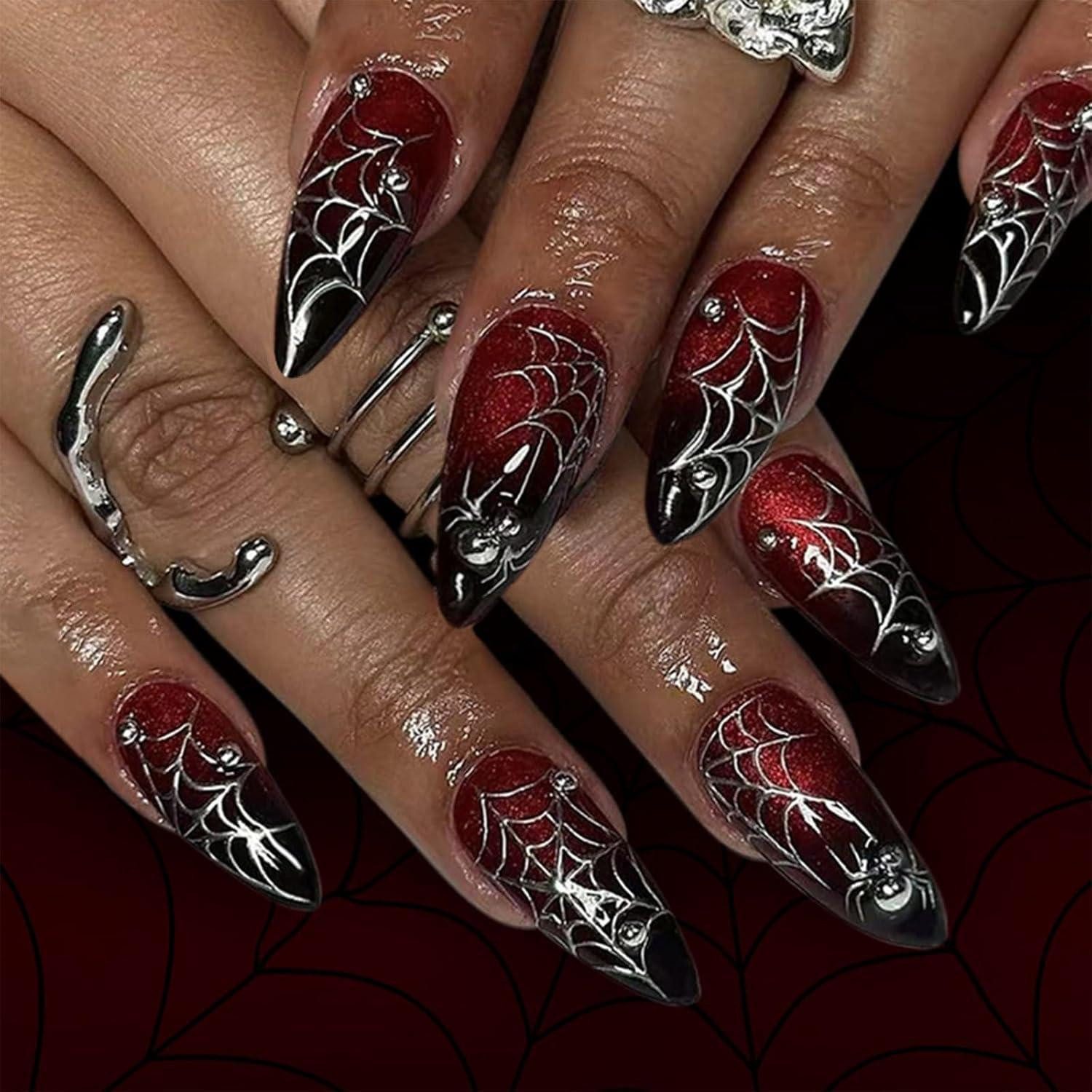 LuxusKollektion Kunstfingernägel Falsche Nägel 24 Stück Gothic Rot Schwarz Spinnennetz Matt design-6