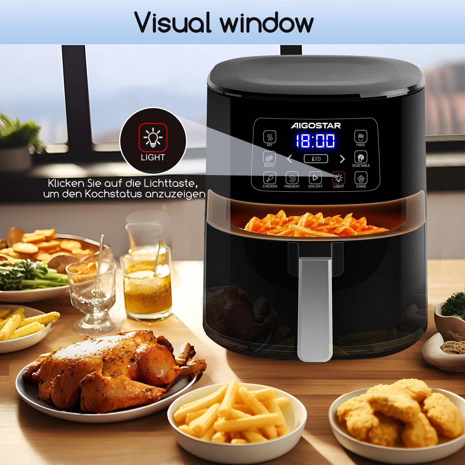 Aigostar Heißluftfritteuse 4 L mit Sichtfenster, 7 voreingestellte Menüs, LED-Touchscreen, Energie Sparen, 1600,00 W, Vorheizfunktion, Antihaftbeschichtung, Leicht zu reinigen
