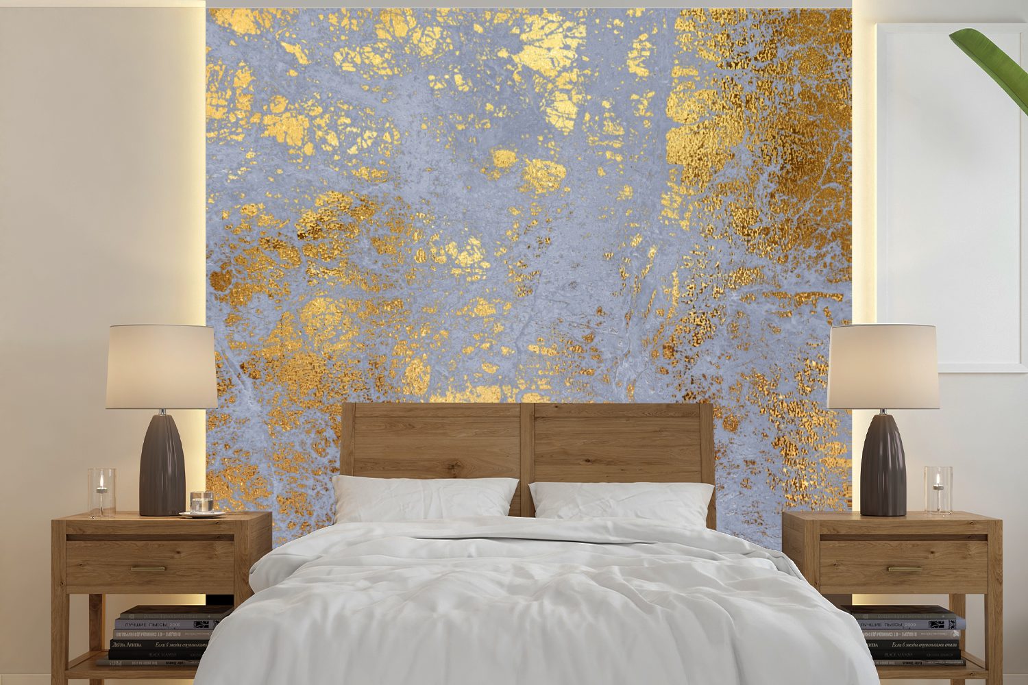 Schlafzimmer, bedruckt, Gold Marmor - MuchoWow (5 Matt, Wohnzimmer für St), - Blau Wandtapete Tapete - Luxus, Fototapete oder Vinyl