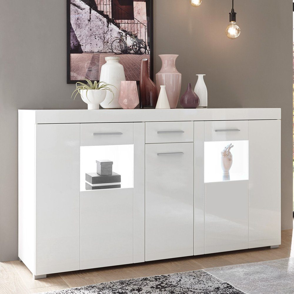 weiß, : cm 318/192/40 Hochglanz CLAVI-61, -Set Sideboard (3-St., LED-Beleuchtung Wohnwand Lomadox in 3-tlg), mit