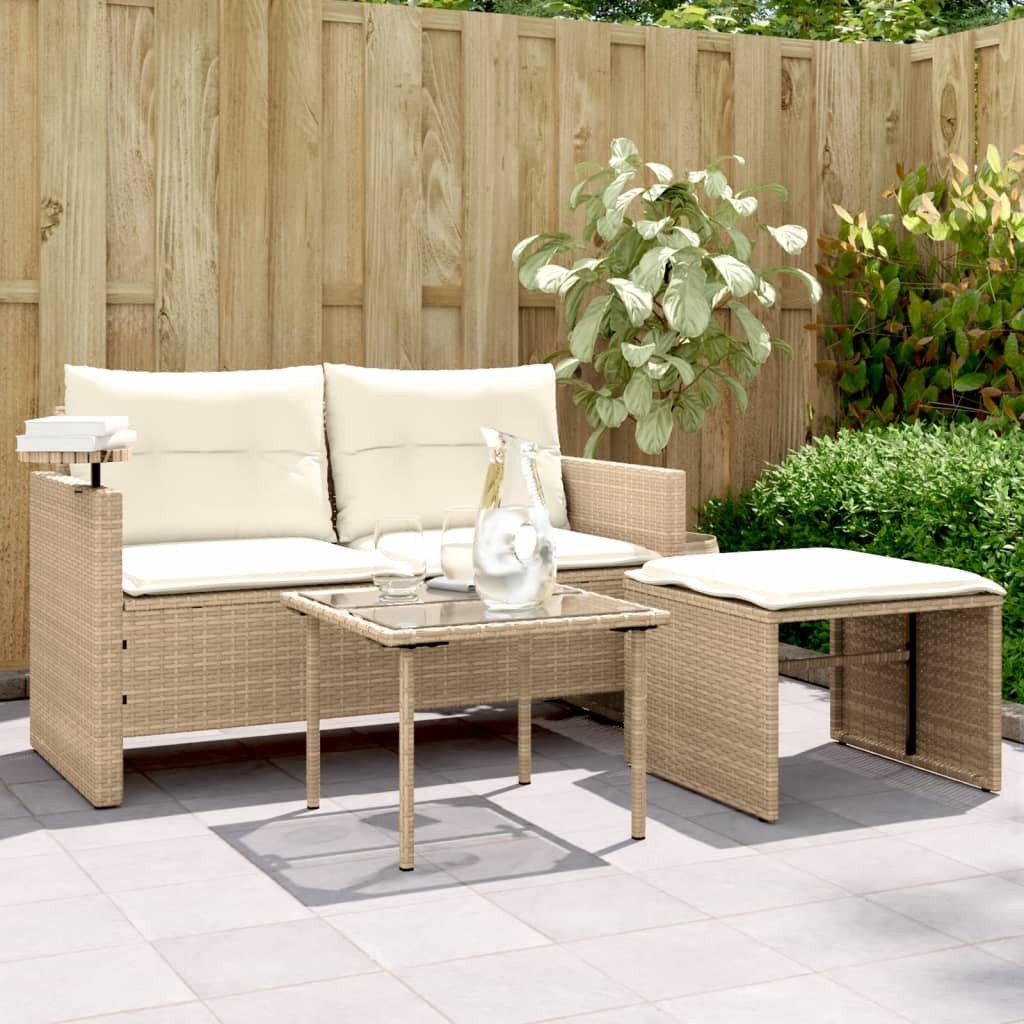 vidaXL Loungesofa 3-tlg. Garten-Sofagarnitur mit Kissen Beige Poly Rattan, 1 Teile