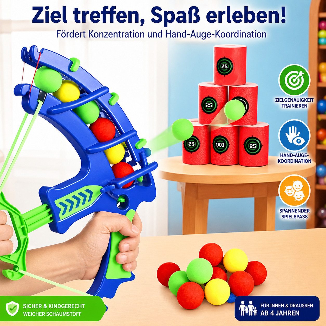 TruWare Kinderbogenset Kinder Bogen Spielzeug mit Softbällen – Armbrust Spielset (mit 6 Schaumstoffbällen & 6 Zielen, Indoor & Outdoor Spielzeug ab 4 Jahren)