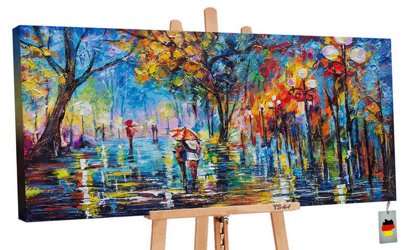 YS-Art Gemälde »Herbstliche Allee«, Menschen, Paar Regenschirm Leinwand Bild Handgemalt Allee Baum