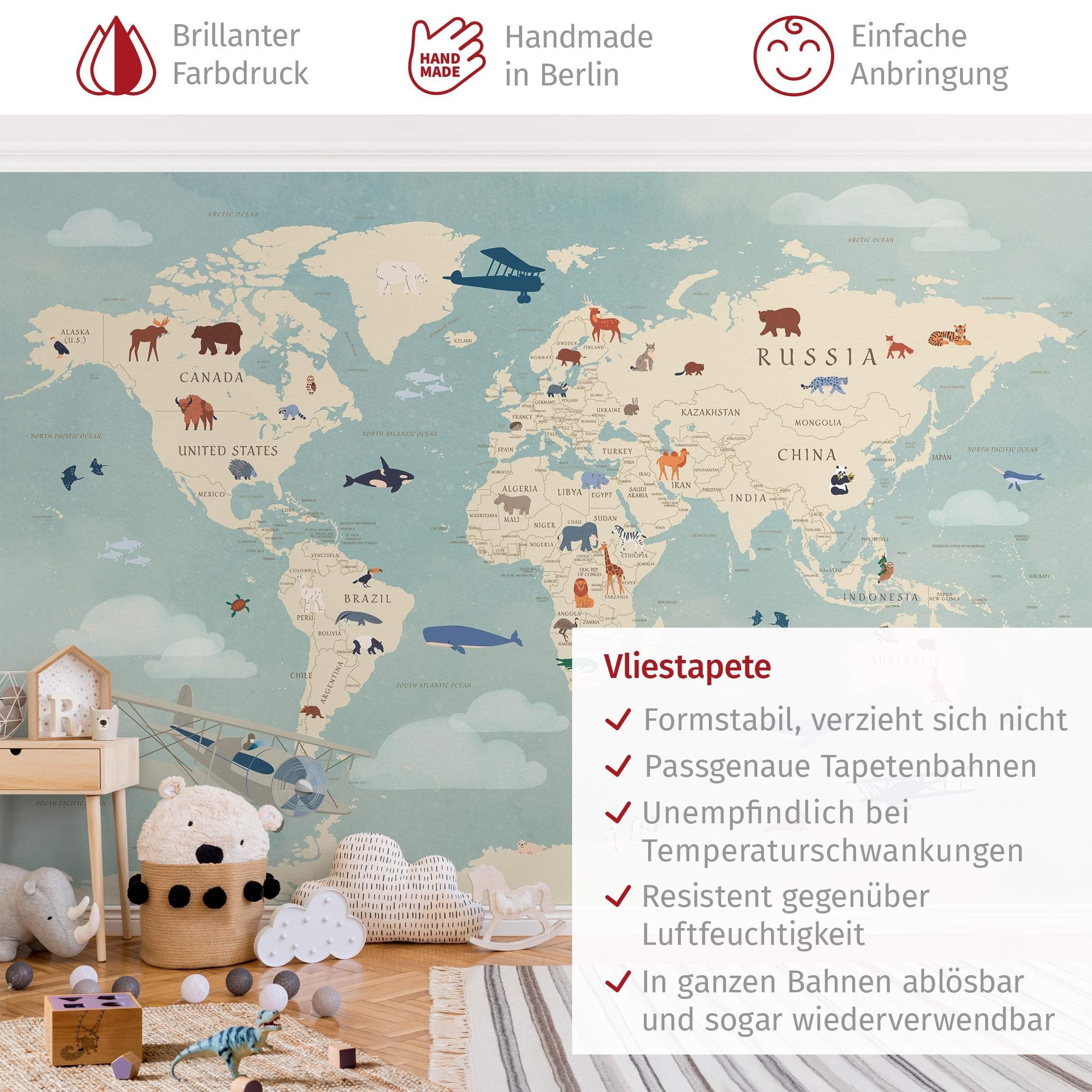 Bilderdepot24 Kindertapete Karte Tiere Welt Kinder Retro Vintage Weltkarten Tiere blau modern, Glatt, Matt, (Vliestapete inkl. Kleister oder selbstklebend), Mädchenzimmer Jungenzimmer Babyzimmer Bildtapete Fototapete Wandtapete