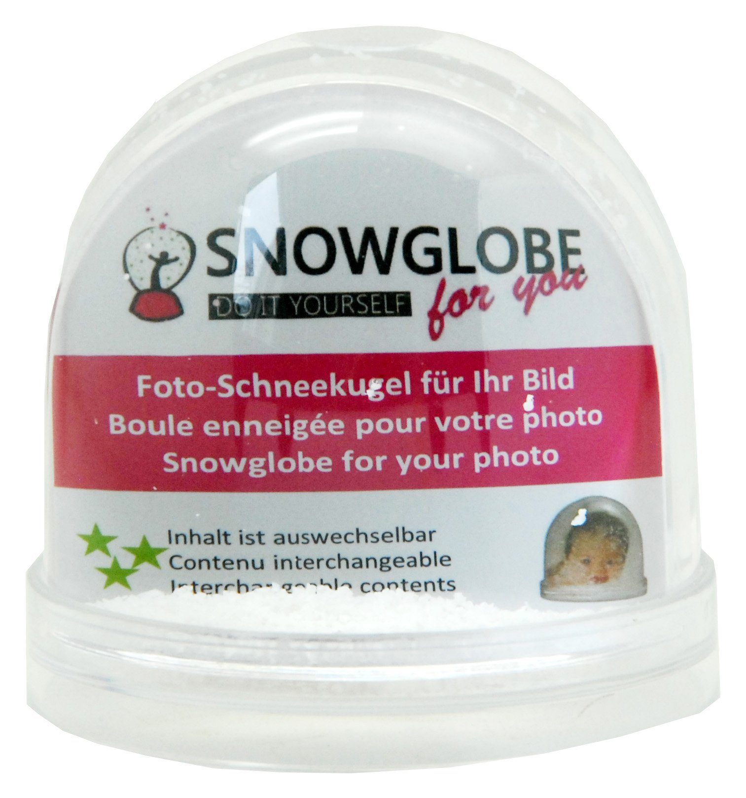 Snowglobe-for-you Schneekugel Foto-Schneekugel Kunststoff Sockel transparent 9cm – Schnee + Glitzer