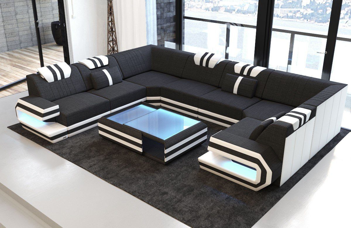 Sofa Dreams Wohnlandschaft Design Polster Stoff Sofa Ragusa U Form H Strukturstoff Stoffsofa, Couch wahlweise mit Hocker schwarz-weiß