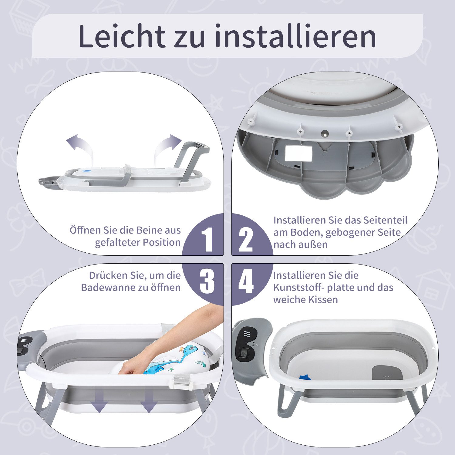 oyajia Babybadewanne Faltbare Badewanne PP&TPE Babywanne Badewannensitz, (mit weichem Schwimmkissen und Thermometer, Rutschfeste Badewanne)
