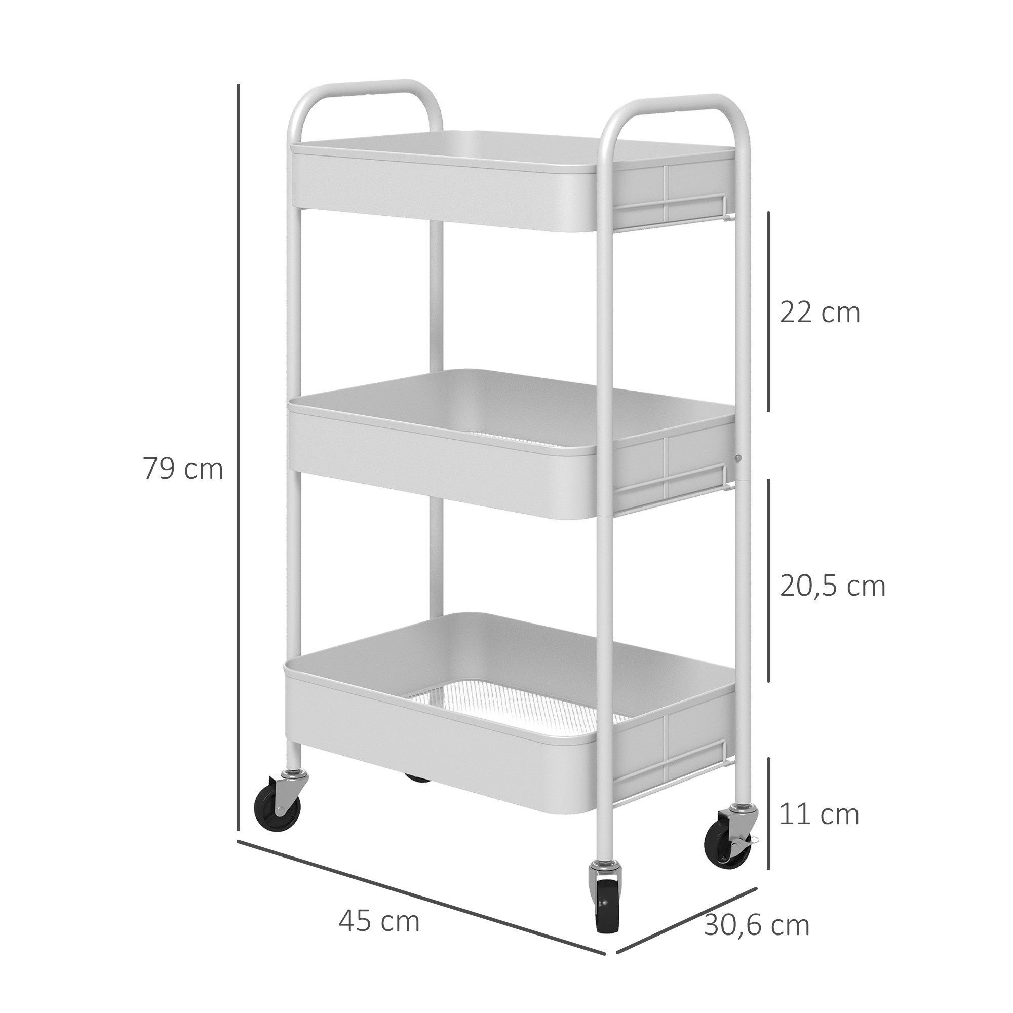 HOMCOM Servierwagen Küchenwagen, Rollwagen mit 3 Etagen, (Beistellwagen, 1 St., Aufbewahrungswagen), für Küche, Wohnzimmer, Stahl, Weiß