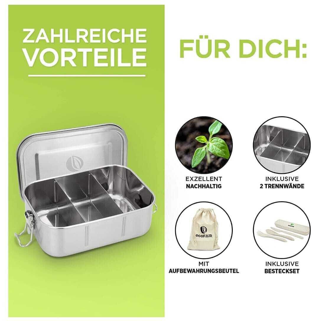 ecoFAIR Lunchbox Edelstahl Brotdose 800ml Lunchbox mit 3 Fächern Besteck Set, Edelstahl, (Set, 9-tlg., Besteckset und Aufbewahrungsbox, Aufbewahrungsbeutel), inkl Besteckset und Aufbewahrungsbox, Aufbewahrungsbeutel