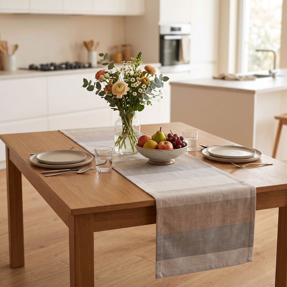 SCHÖNER LEBEN. Tischläufer Streifen 9,5cm creme beige braun grau, handmade