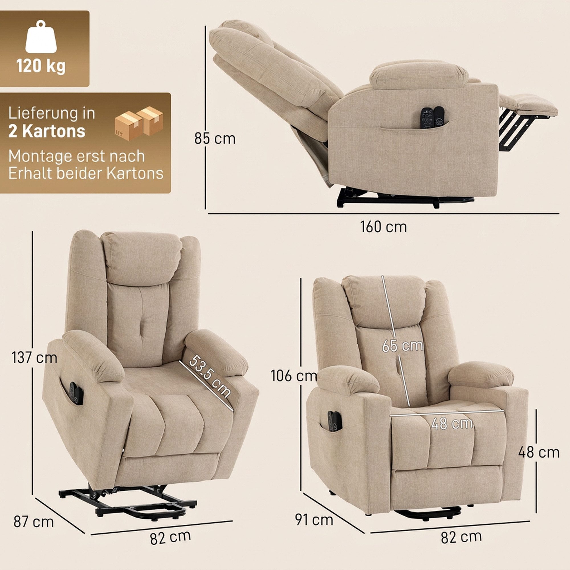 HOMCOM Relaxsessel Fernsehsessel mit Liegefunktion, Vibrationsmassage, Cremeweiß (Set, 1-St., 1), Aufstehhilfe, Massage, Wärme, USB – Bild 3 von 5