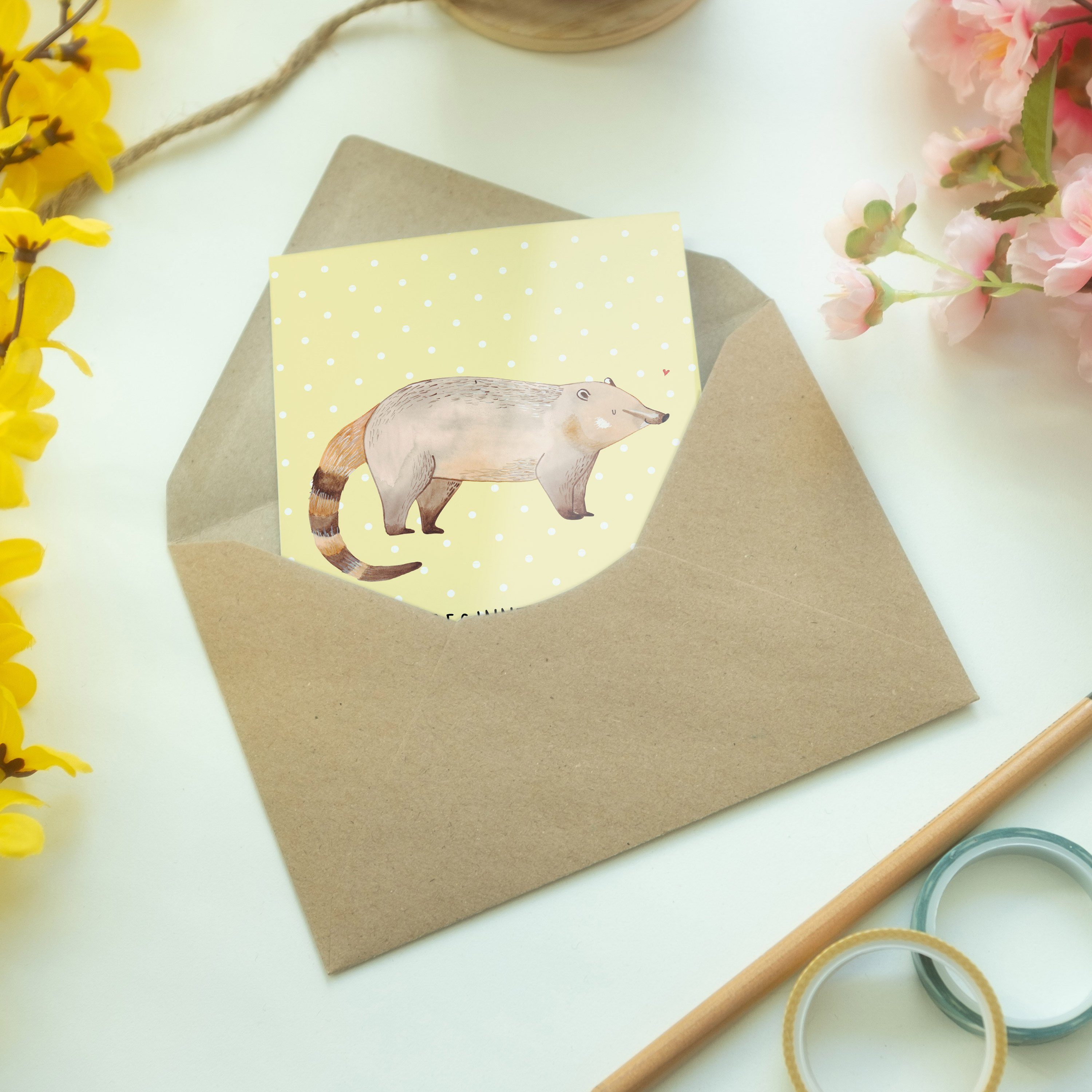 Mr. Panda Hochzeitskarte, - Nasenbaer Grußkarte Pastell Mrs. Geschenk, Karte, - & Geburtsta Gelb