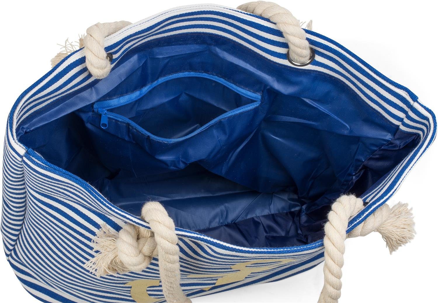 styleBREAKER Strandtasche (1-tlg), Strandtasche mit Streifen Anker Gold Blau-Weiß / und