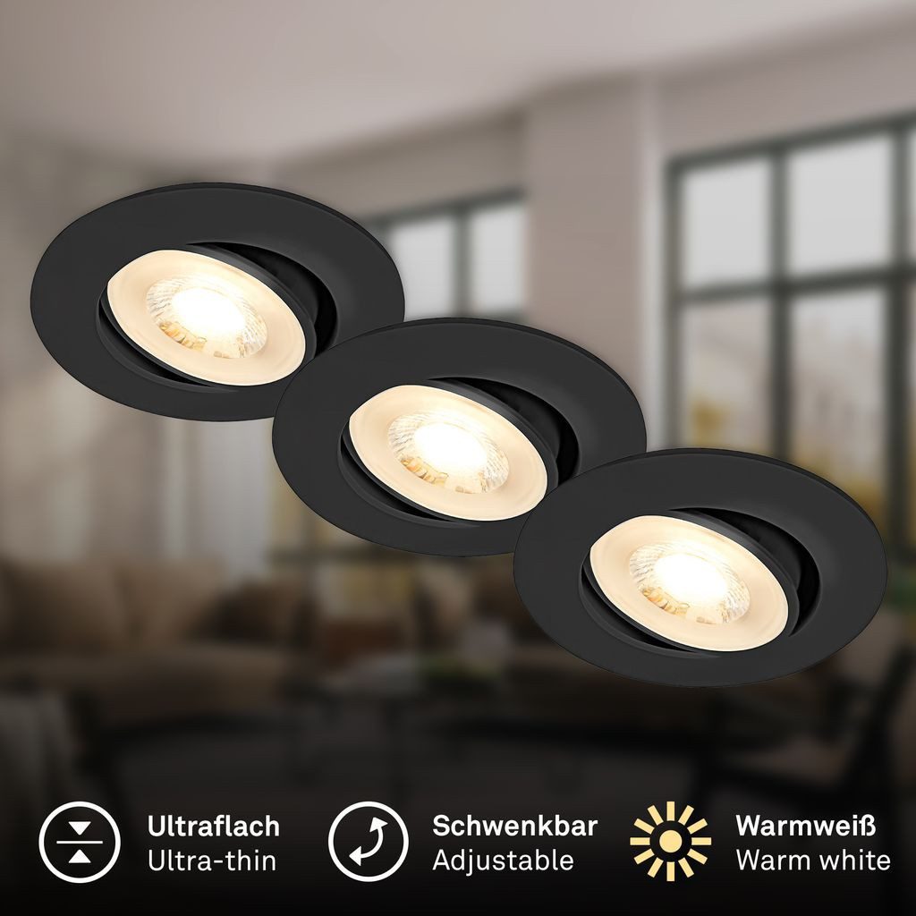 Briloner Leuchten LED Einbaustrahler LED Einbaustrahler 3er Set Schwenkbar, LED fest integriert, 3000K - Warmweiß, 90x24 mm, Wohnzimmer, Flur