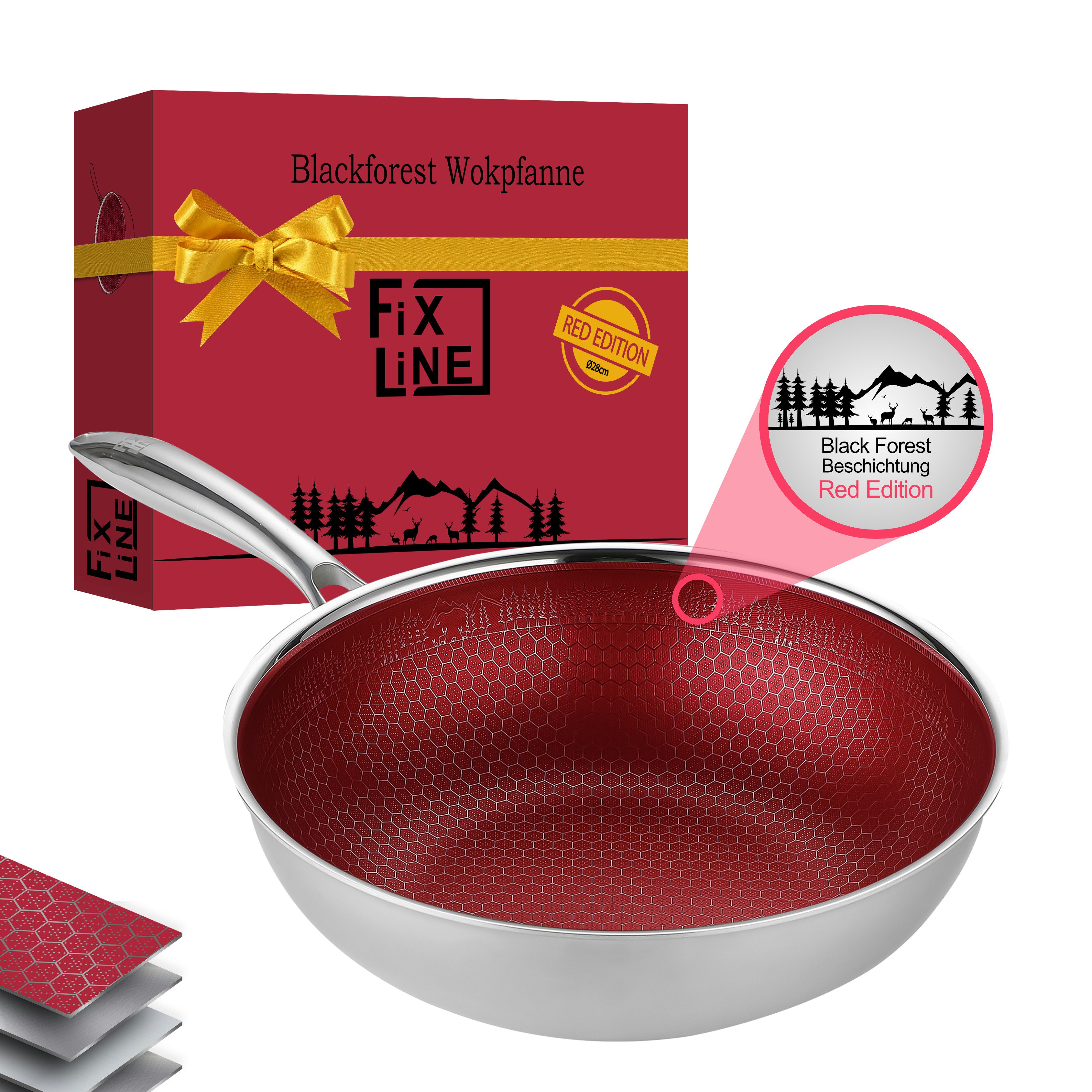 FIXLINE Wok Pfanne 28cm BLACK FOREST Edition Kratzfeste Beschichtung Induktion, Edelstahl (Einzel, 1 Wok Pfanne), Perfekte Geschenk Idee
