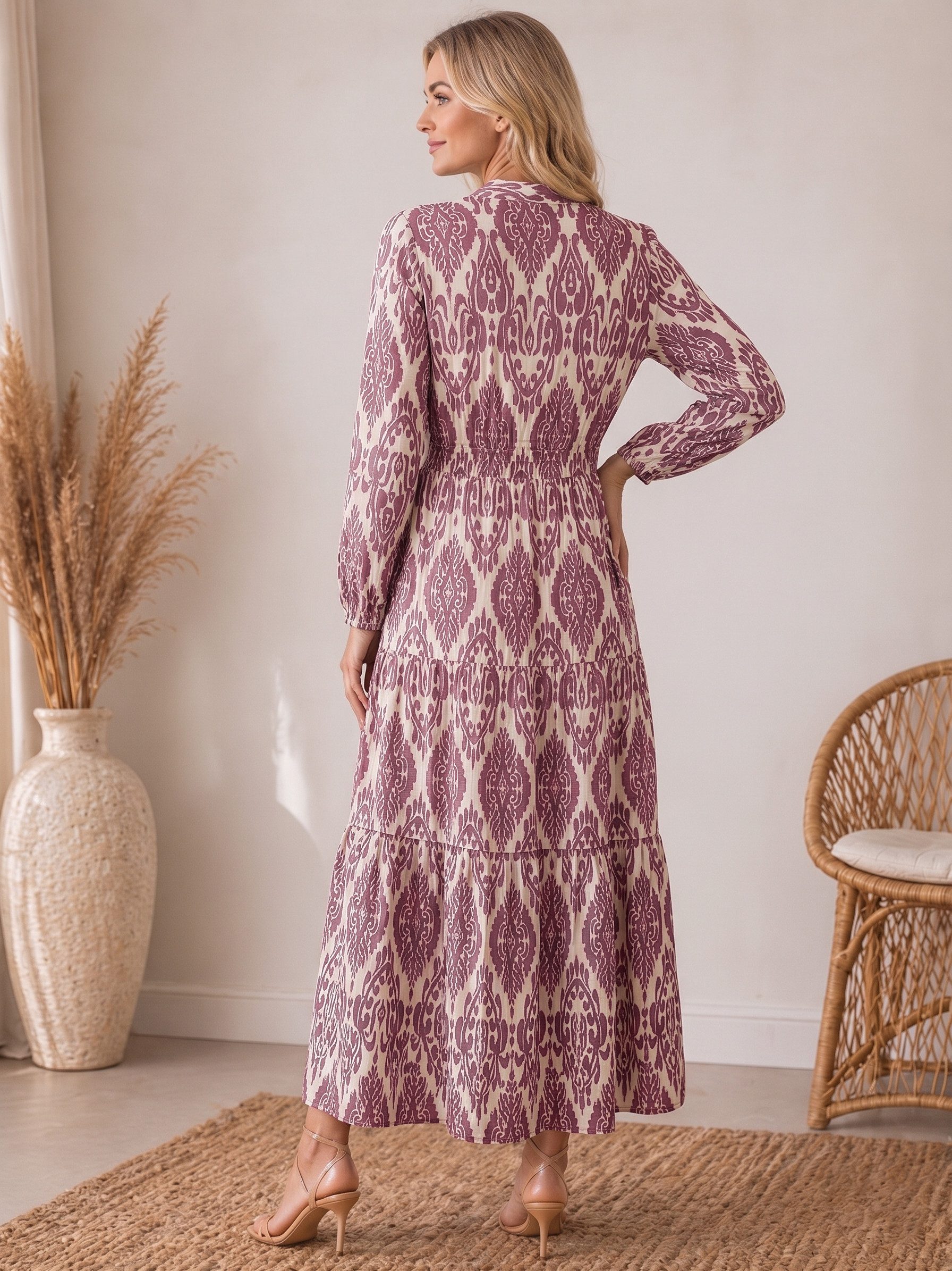 Kendindza Collection Maxikleid Sommerkleid Damen Lang Viskose Elegantes Sommer Kleid lang Maxi Kleid Ikat-Print Knopfleiste & Schnurbund, Luftig Leicht – Bild 4 von 4