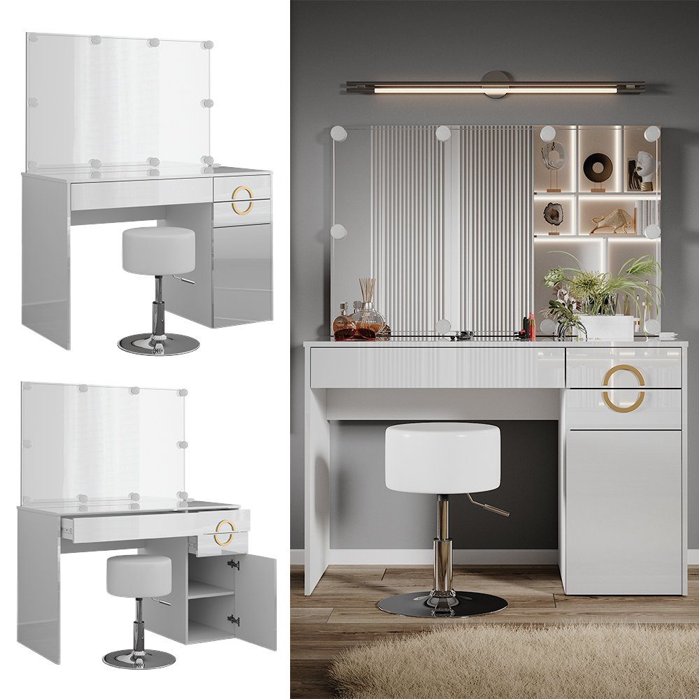 Vicco Schminktisch Adela, Weiß Hochglanz, 115 cm mit LED Beleuchtung und Ho günstig online kaufen