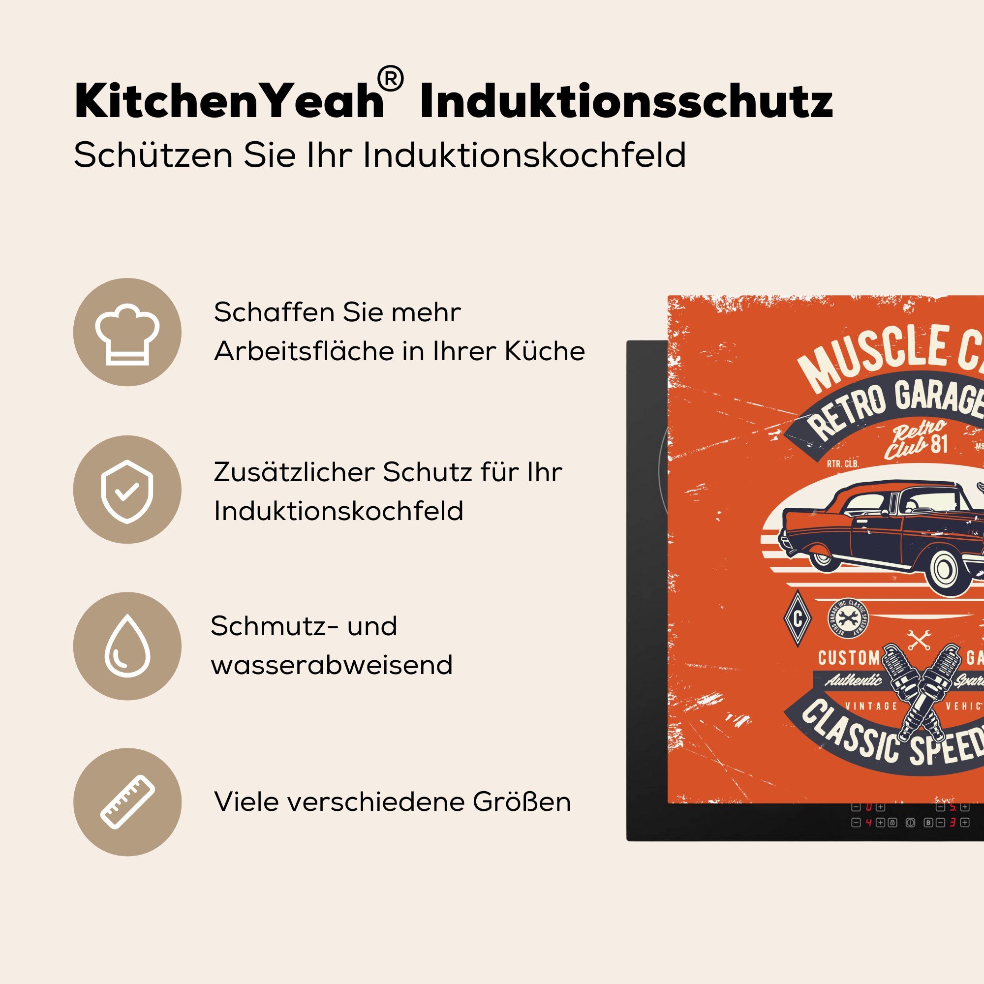 MuchoWow Herdblende-/Abdeckplatte Autos küche Arbeitsplatte Vinyl, 78x78 Ceranfeldabdeckung, (1 Oldtimer Zeichnung, cm, tlg), - für 
