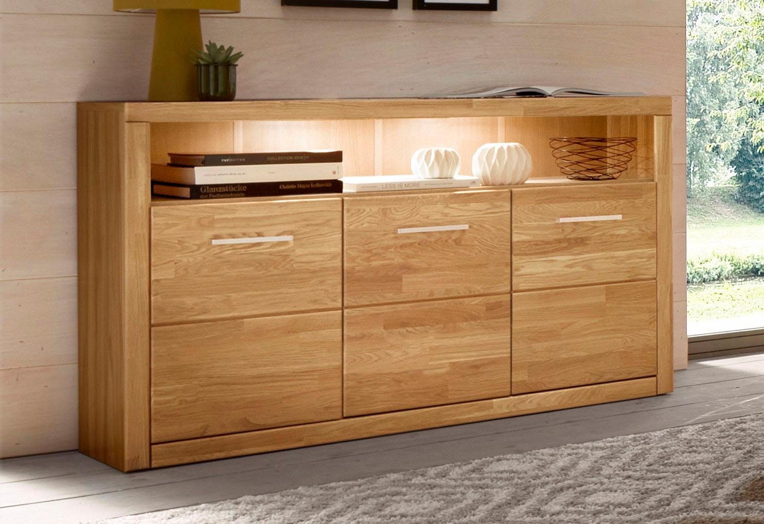 Home affaire Sideboard Ribe,130cm breit, Fronten Massivholz,7 Fächer, Holz massiv, Holzwerkstoff, Metall Griffe,3 Türen