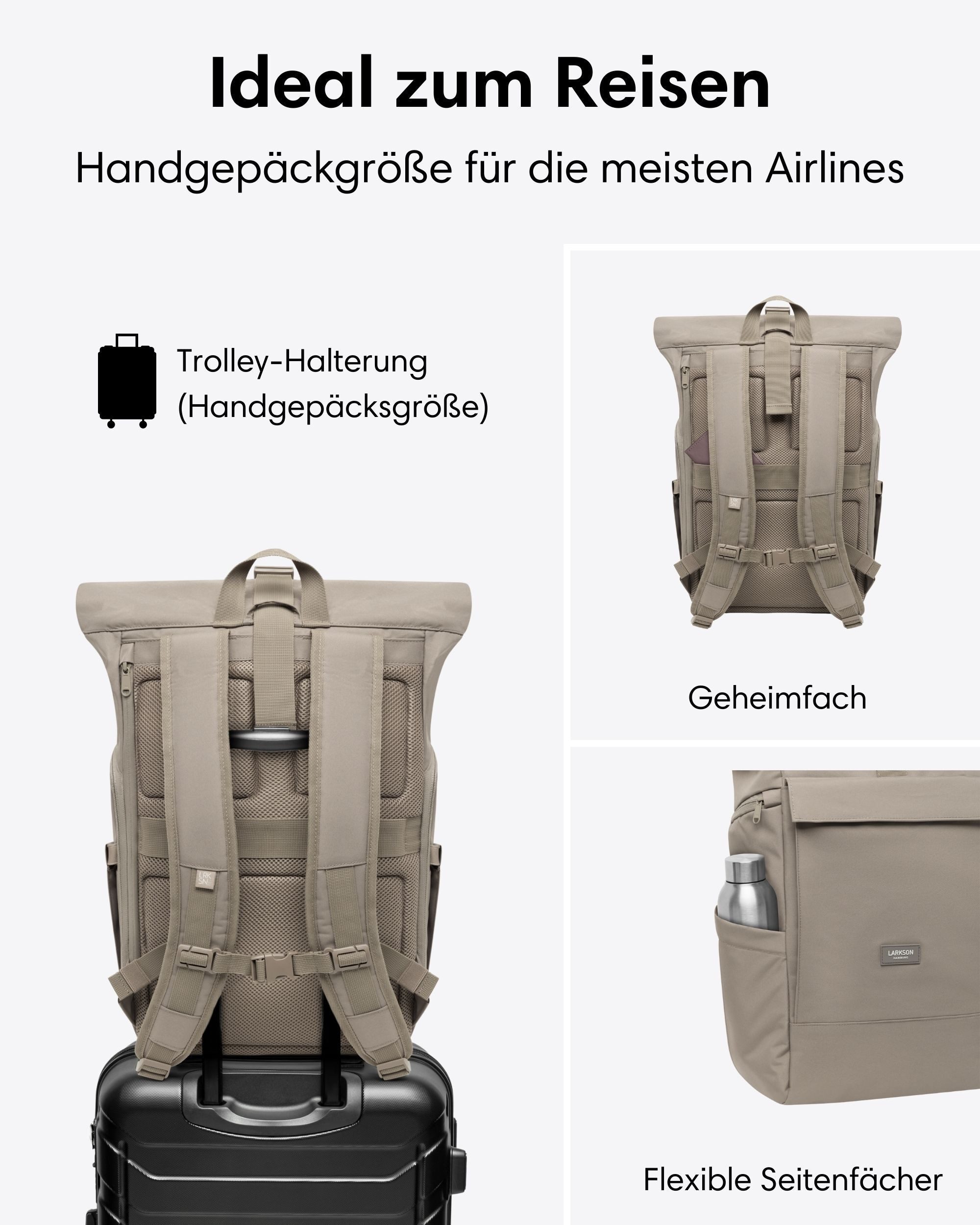 LARKSON Cityrucksack No 4 Large Rolltop Rucksack für Damen und Herren (1-tlg), Geräumiger Rolltop Rucksack für Reisen, Wasserabweisend