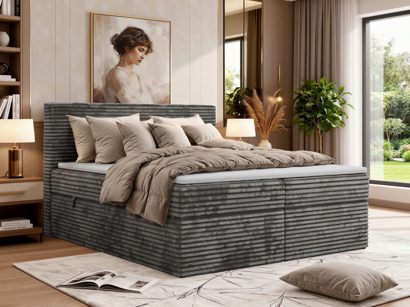 MKS MÖBEL Boxbett TILION (Boxspringbett - Set, Packung, Gepolstertes Kopfteil, Topper T25, Polsterbett, T30-Schaum), Doppelbett, Multipocket-Matratzen, Zwei Bettkästen, Cord Bett