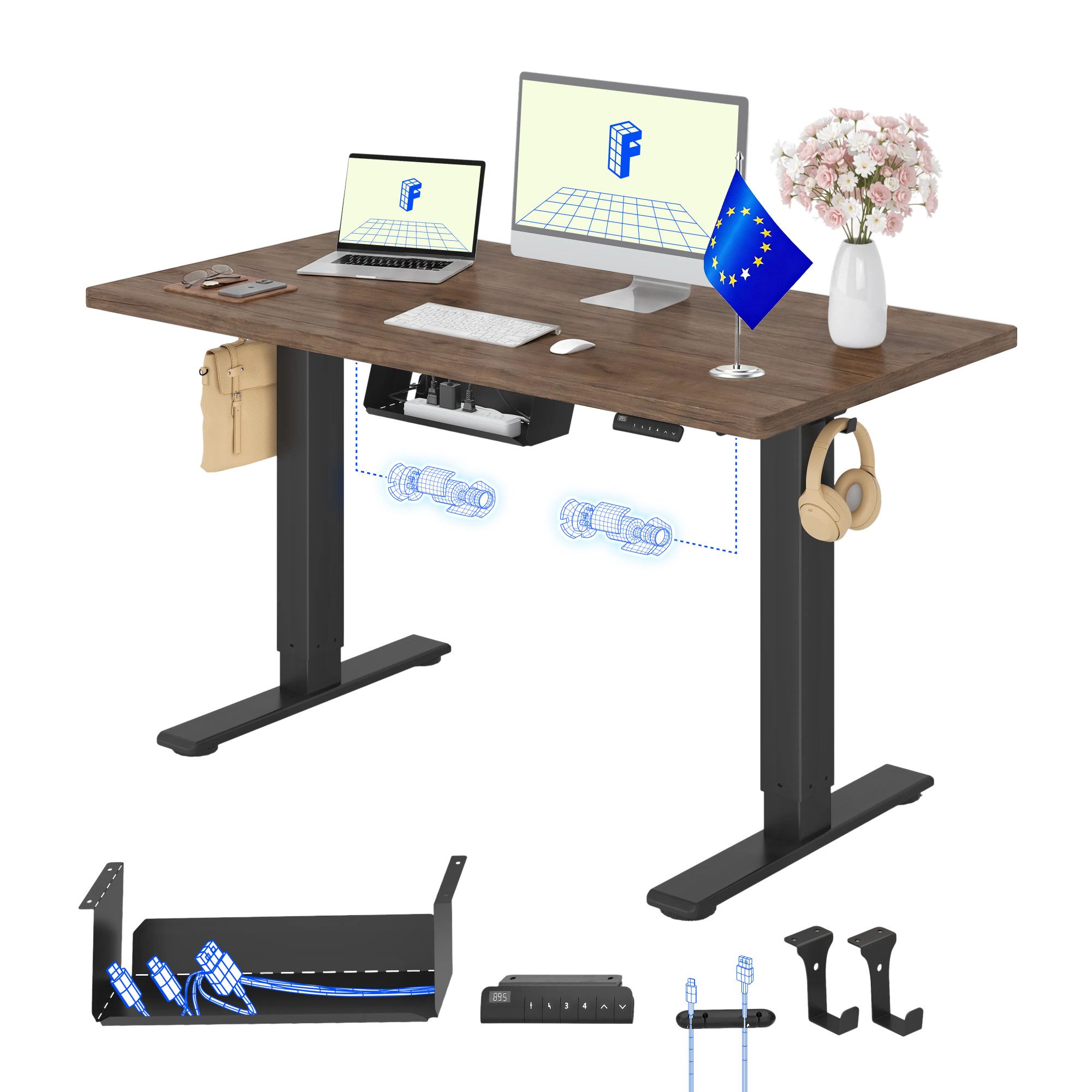 FLEXISPOT Schreibtisch Basic Plus höhenverstellbarer Schreibtisch mit Premium-Zubehör-Set (2 Motore & 2-Fach-Teleskop & 4 Höhenspeichertasten), MIT 25MM einteiliger Tischplatte, MADE in EU, 120/140/160/180