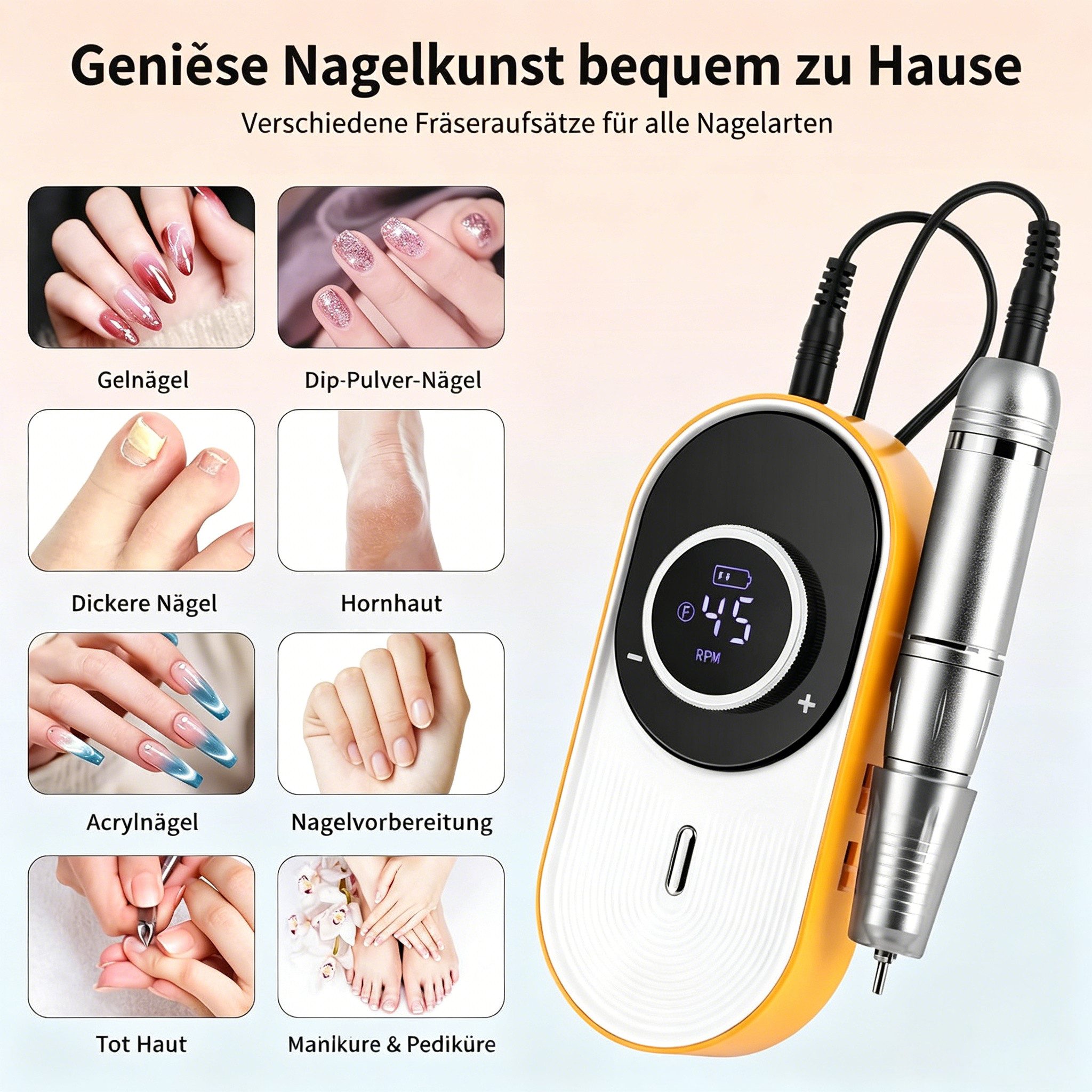 ibettertec Maniküre-Pediküre-Set Kabelloses tragbares Maniküreset,elektrische Maniküre mit Ladestation, 45000 U/min Nagelfräser,mit LCD Display, 6 Bits + Schleifhülsen, Links/Rechtslauf,USB-C Akku, Maniküre & Pediküre für Zuhause & Salon