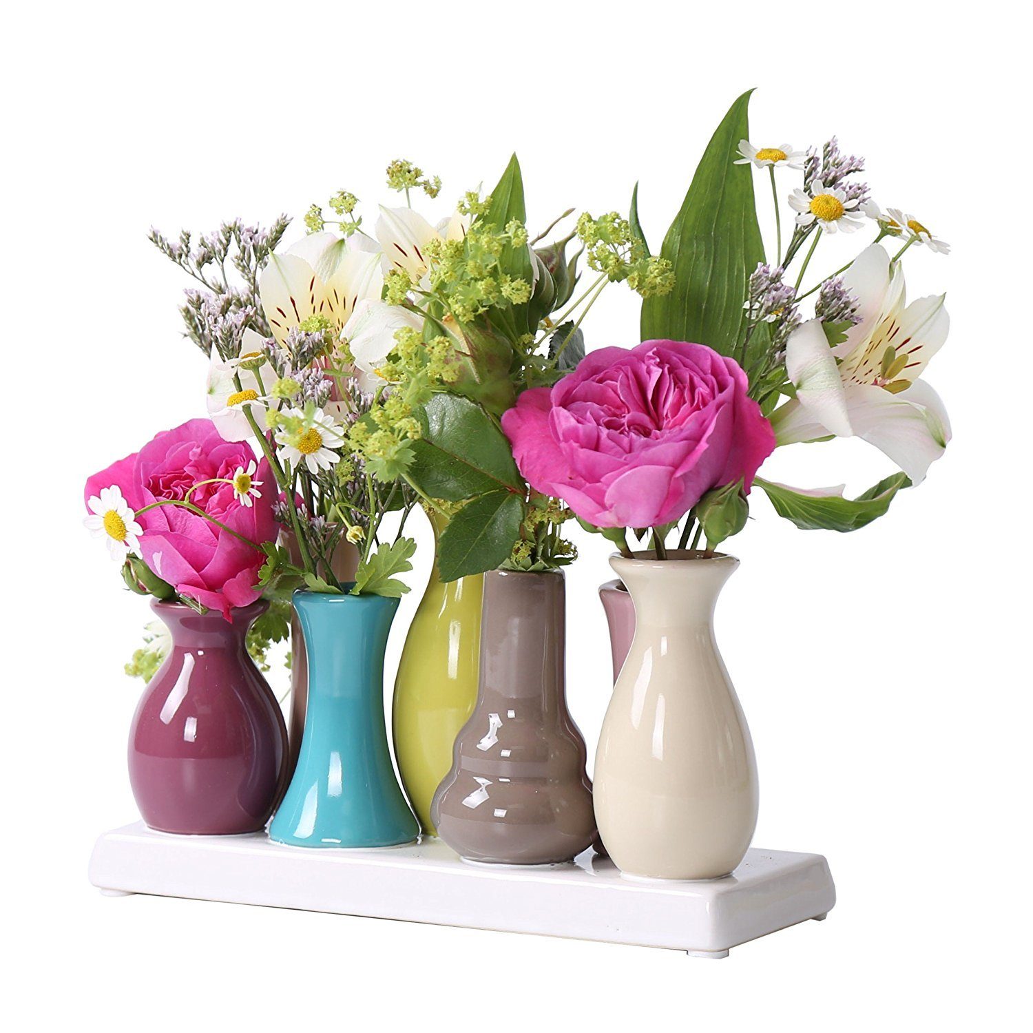 Jinfa Dekovase Handgefertigte kleine Keramik Deko Вази для квітів (7 Vasen Set Bunt), verbunden auf auf einem Tablett