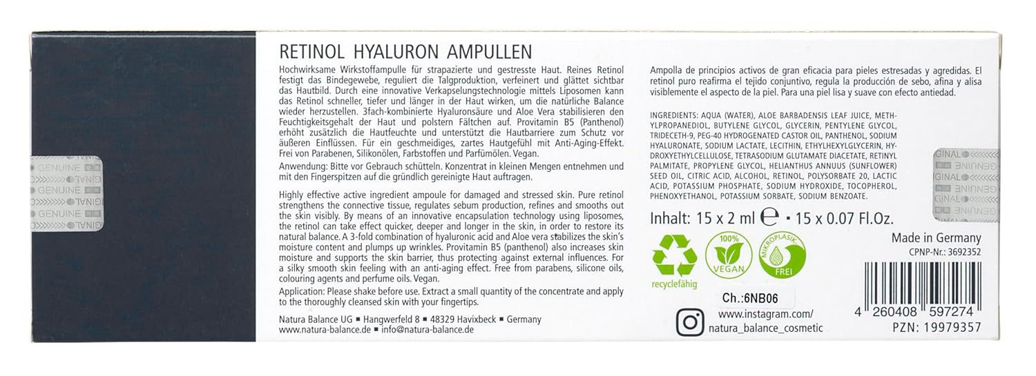 Natura Balance Gesichtspflege 15x 2ml Retinol Hyaluron Ampullen Hyaluronsäure B5 Vitamin A, 15x 2ml