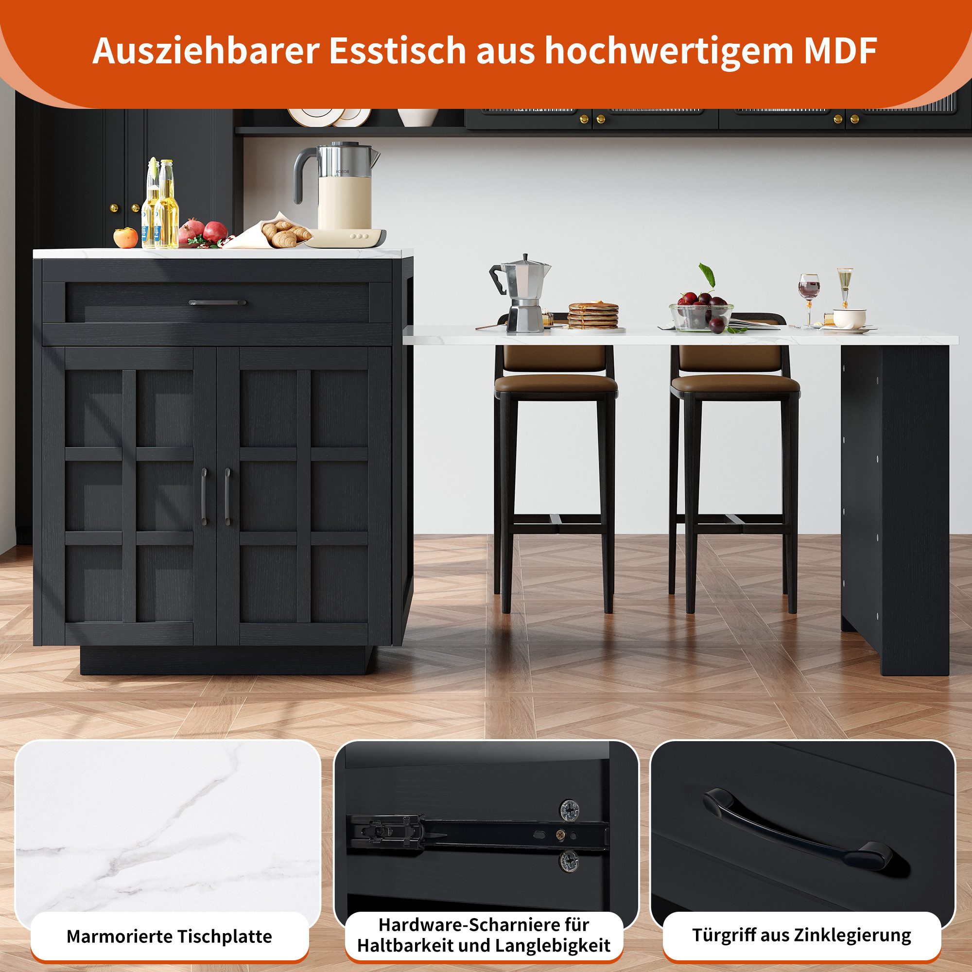 i@home Bartisch ausziehbarer Esstisch, Küchentisch, Kücheninsel, Esszimmertisch (1 Tisch), mit Stauraum (133-202×70×93.5cm),für 2-6 Personen,erweiterbar Tisch