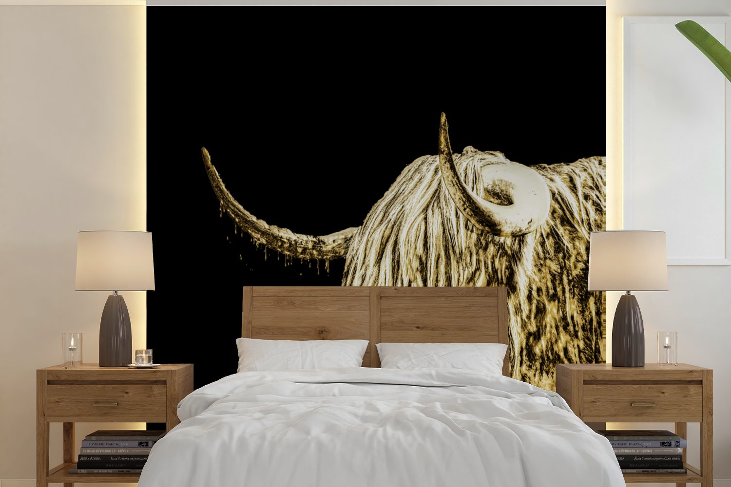 MuchoWow Fototapete Schottischer Highlander - Schottische Kuh - Gold, Matt, bedruckt, (5 St), Vinyl Tapete für Wohnzimmer oder Schlafzimmer, Wandtapete