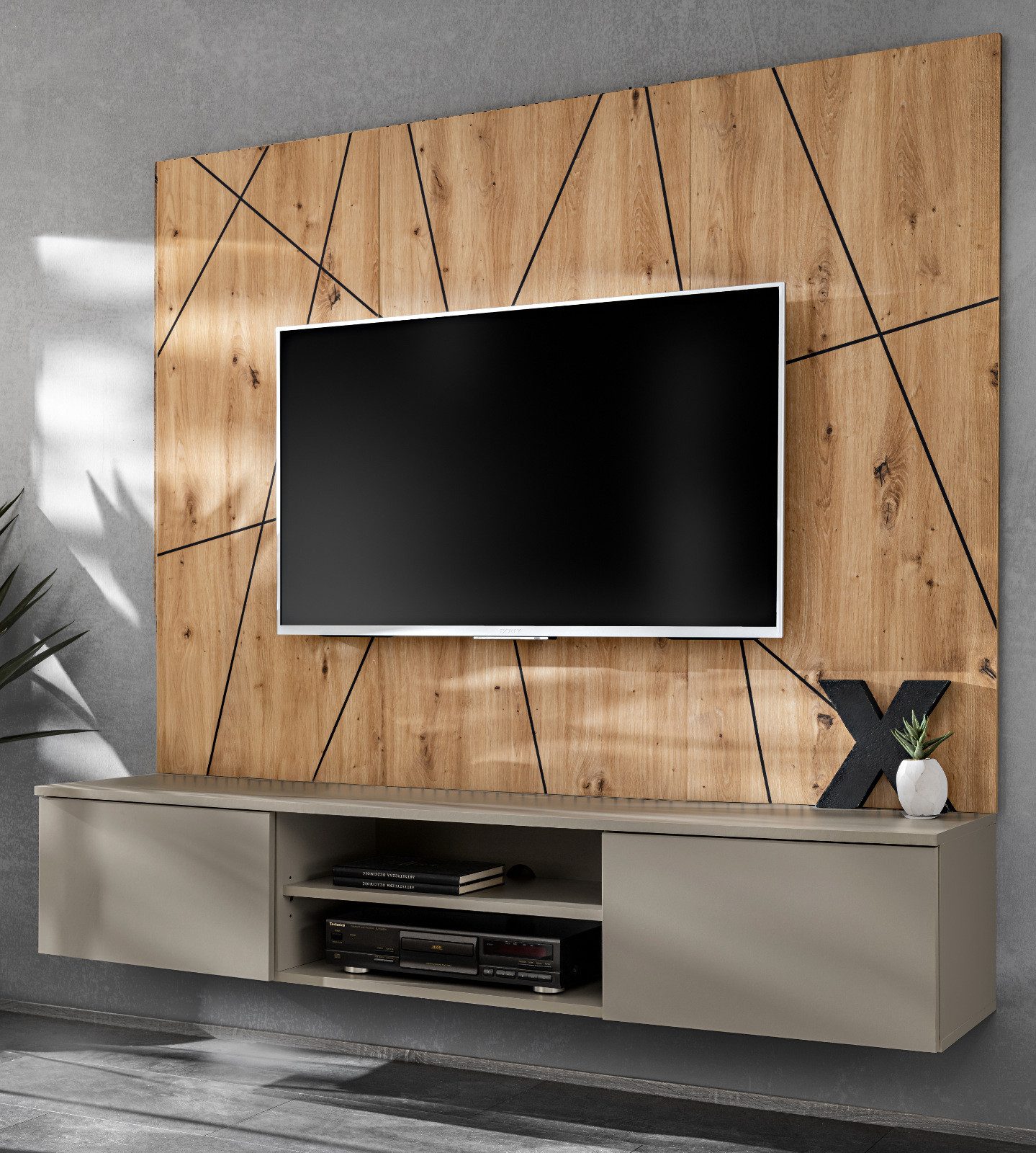 Inn.Furn TV-Wand iLike, (Set TV-Lowboard mit Wandpaneel, Lehm Grau und Eiche Artisan, Breite 160 cm), mit Push-To-Open-Funktion und Ausschnitt für TV-Wandhalterung