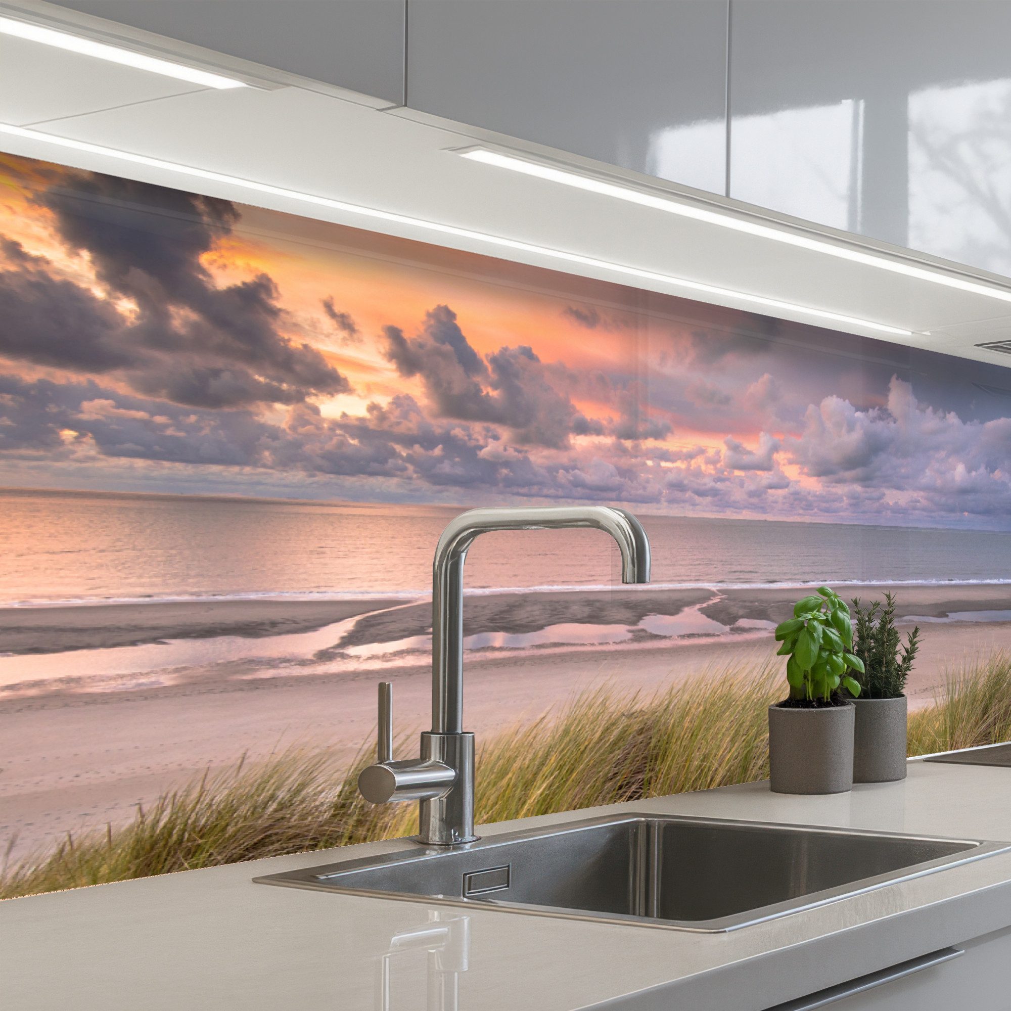 KitchenYeah Küchenrückwand selbstklebend Sonnenuntergang - Düne - Strand - Pflanzen - Meer, (1-tlg), Spritzschutz, Küche, Rückwand, Küchenwand, Ohne Bohren, 250x80 cm