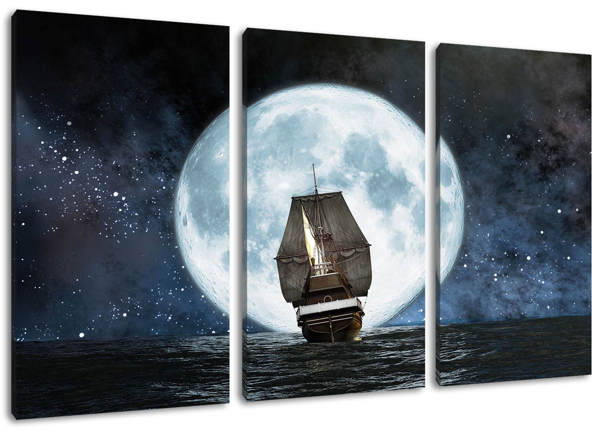 Pixxprint Leinwandbild Segelschiff bei Vollmond, Segelschiff bei Vollmond 3Teiler (120x80cm) (1 St), Leinwandbild fertig bespannt, inkl. Zackenaufhänger