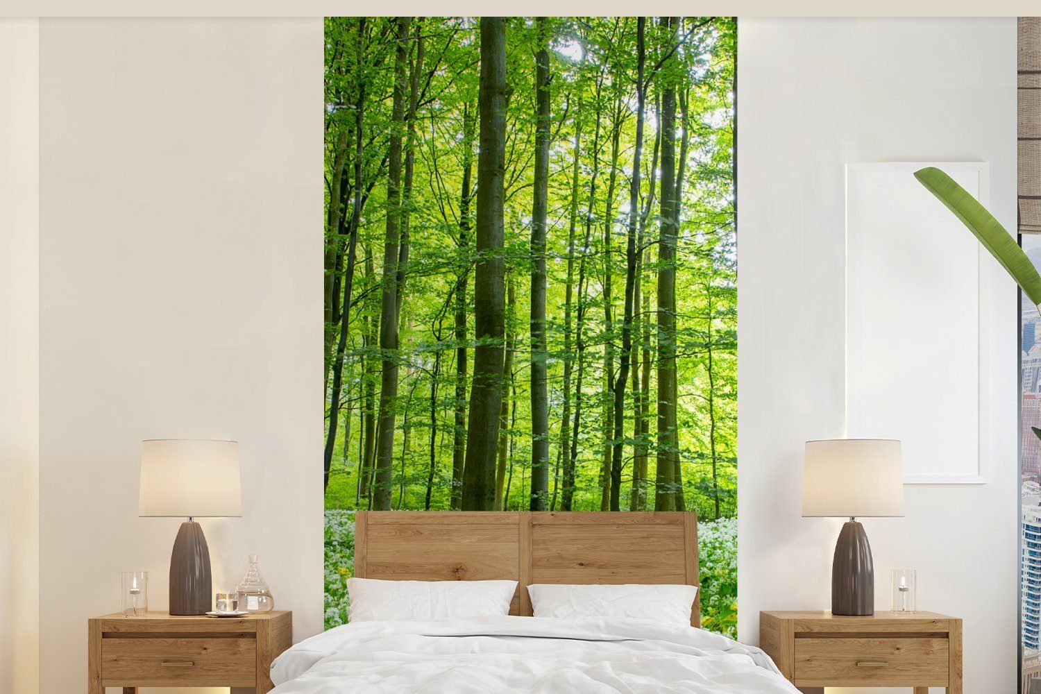 MuchoWow Fototapete Wald - Bäume - Grün, Matt, bedruckt, (2 St), Vliestapete für Wohnzimmer Schlafzimmer Küche, Fototapete