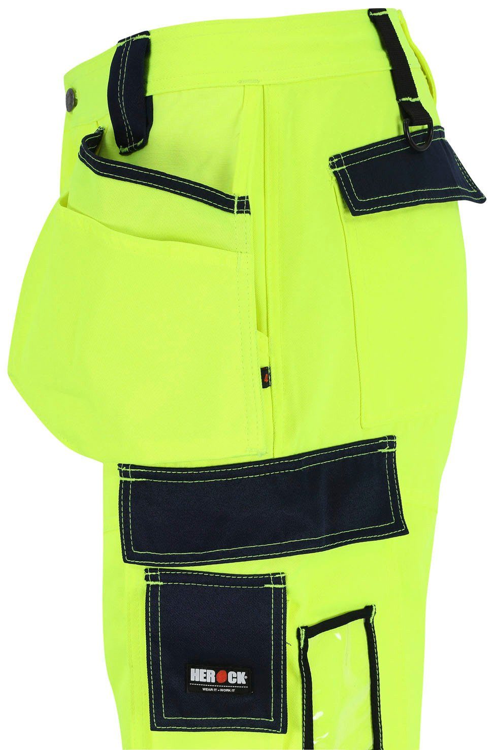 Herock Arbeitshose Styx gelb 2 Taschen, sehr Warnschutz viele feste Hose angenehm Wasserabweisend, Nageltaschen