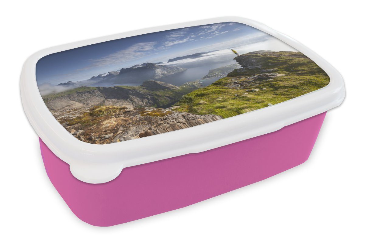 Kunststoff Mädchen, in Erwachsene, Snackbox, Kinder, MuchoWow Sonnenaufgang Lunchbox Brotbox rosa Brotdose (2-tlg), für Norwegen, Kunststoff,