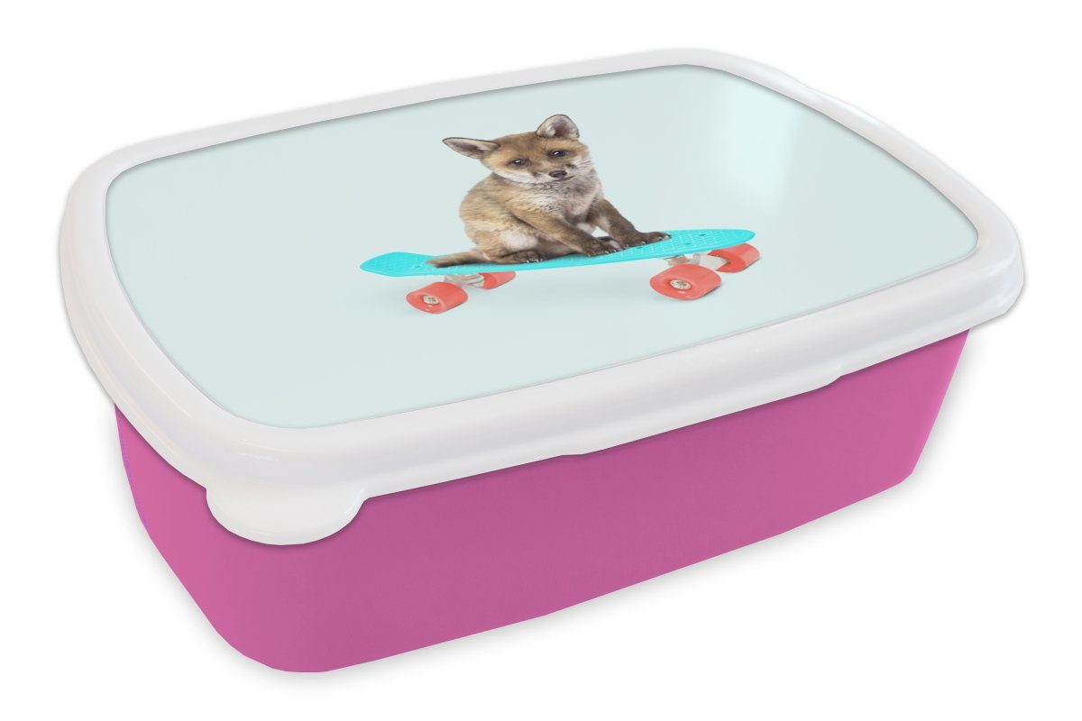 MuchoWow Lunchbox Fuchs - Tiere - Skateboard - Blau, Kunststoff, (2-tlg), Brotbox für Erwachsene, Brotdose Kinder, Snackbox, Mädchen, Kunststoff rosa | Lunchboxen