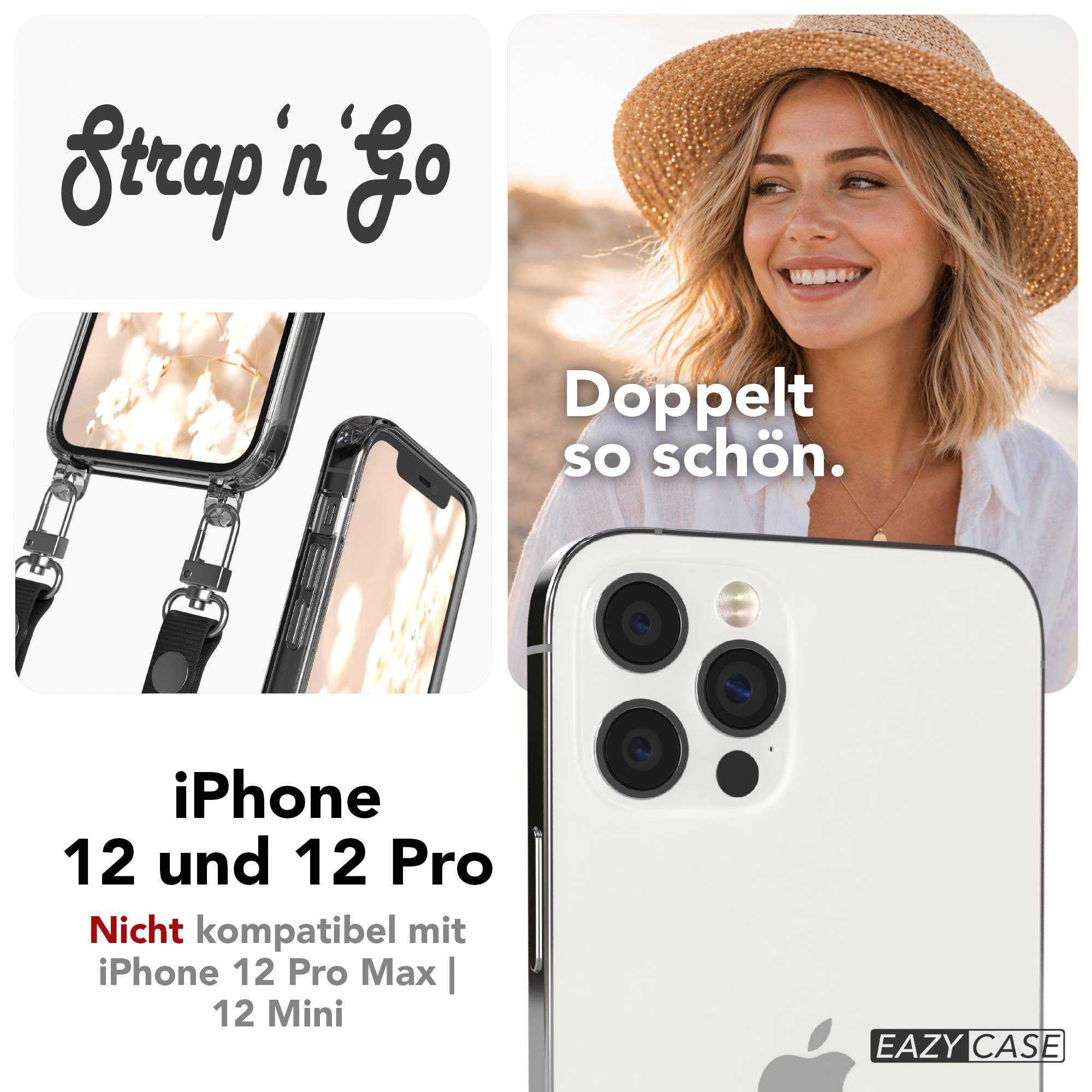 EAZY CASE Handykette für Apple iPhone 12 / 12 Pro Handyhülle mit Handyband magnetisch, Minimalistische Handykette in Schwarz mit 2x2 Anschluss