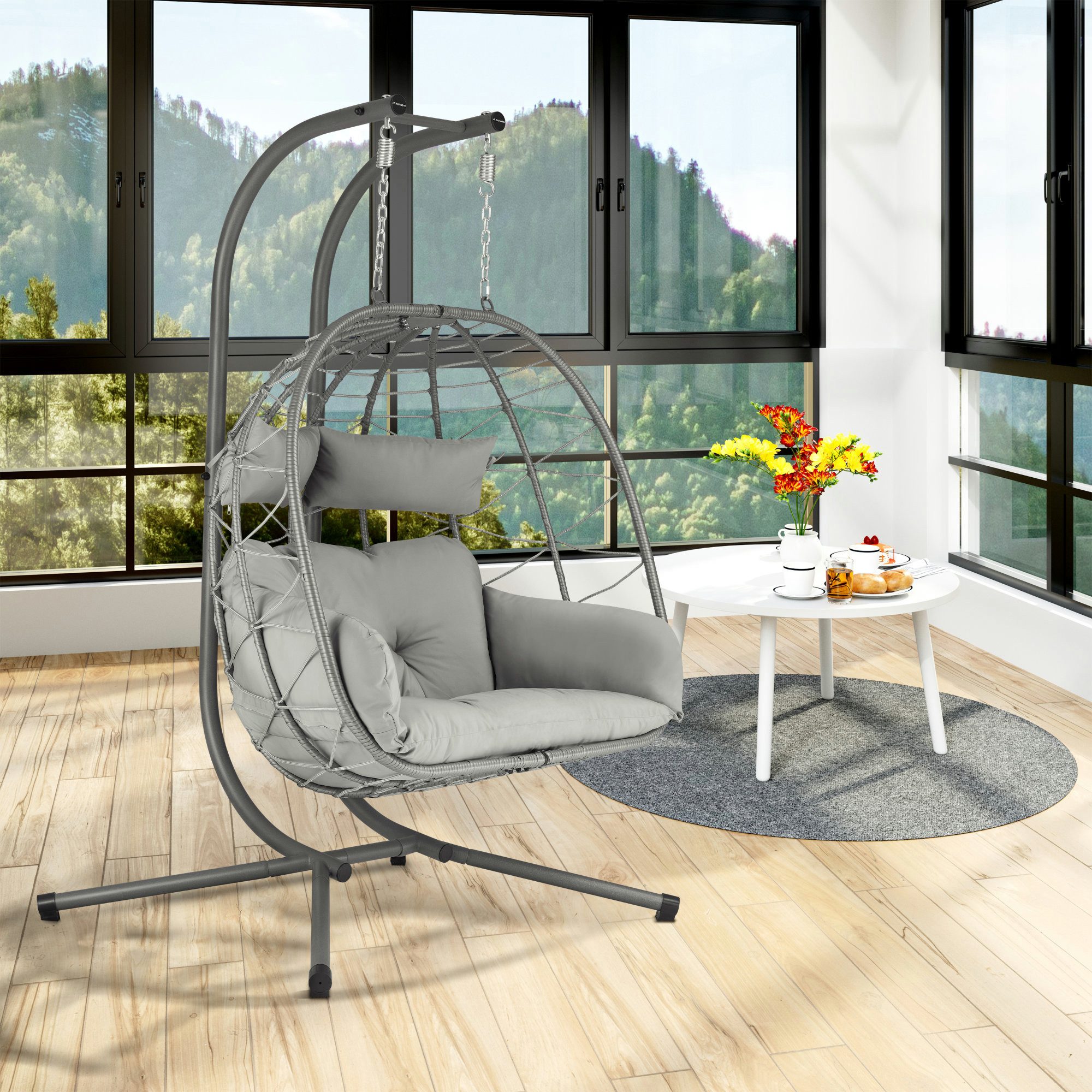 HinHocker Hängesessel Hängesessel für 2 Personen mit Gestell, Grau, XXL Hängeschaukel Indoor, Faltbarer Korb